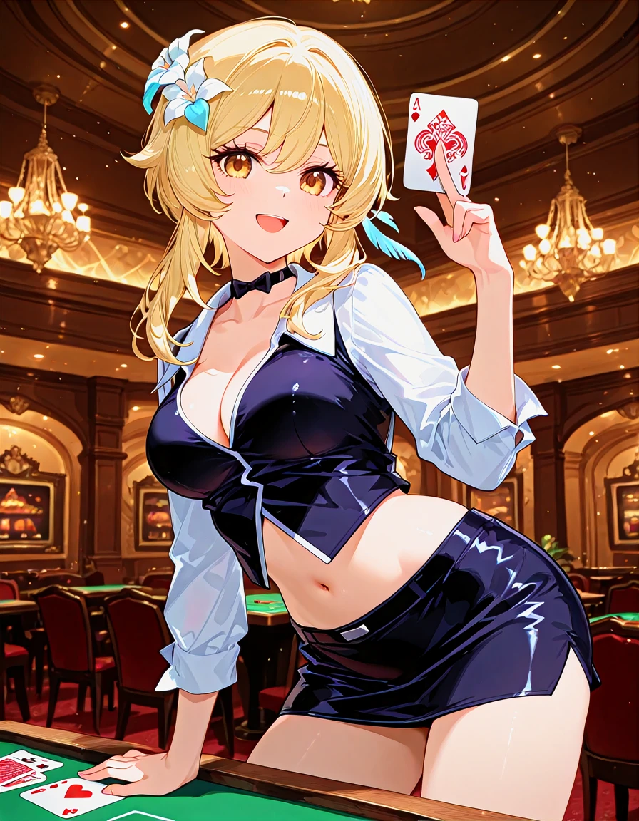 masterpiece, best quality, anime coloring, contrapposto, <lora:LECO_BadHands:1.2>, <lora:eyelashext_v10:0.6>,<lora:thick_eyelashes_nai_style_V2_dim32:0.5>, thick eyelashes, lipgloss, [photo background::0.5], blurry foreground BREAK 1girl, lumine \(genshin impact\), smile, open mouth, hand up, playing card, holding card, between fingers, indoors, casino, <lora:rioattire-000011:1>, rio rollins \(cosplay\), black bow choker, collared shirt, black vest, crop top, black mini skirt