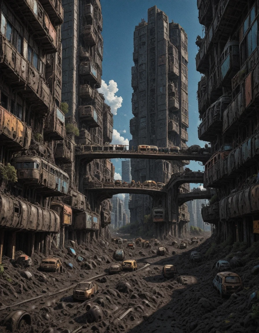 <lora:CW02_Lost_LuxFlats_ill:1> cw02lf, masterpiece, absurdres, 8k, insanely detailed, sharp focus, from side, blue sky, piled cars buildings, mud, vegetation, street, garbage bags, multilevels, train station,