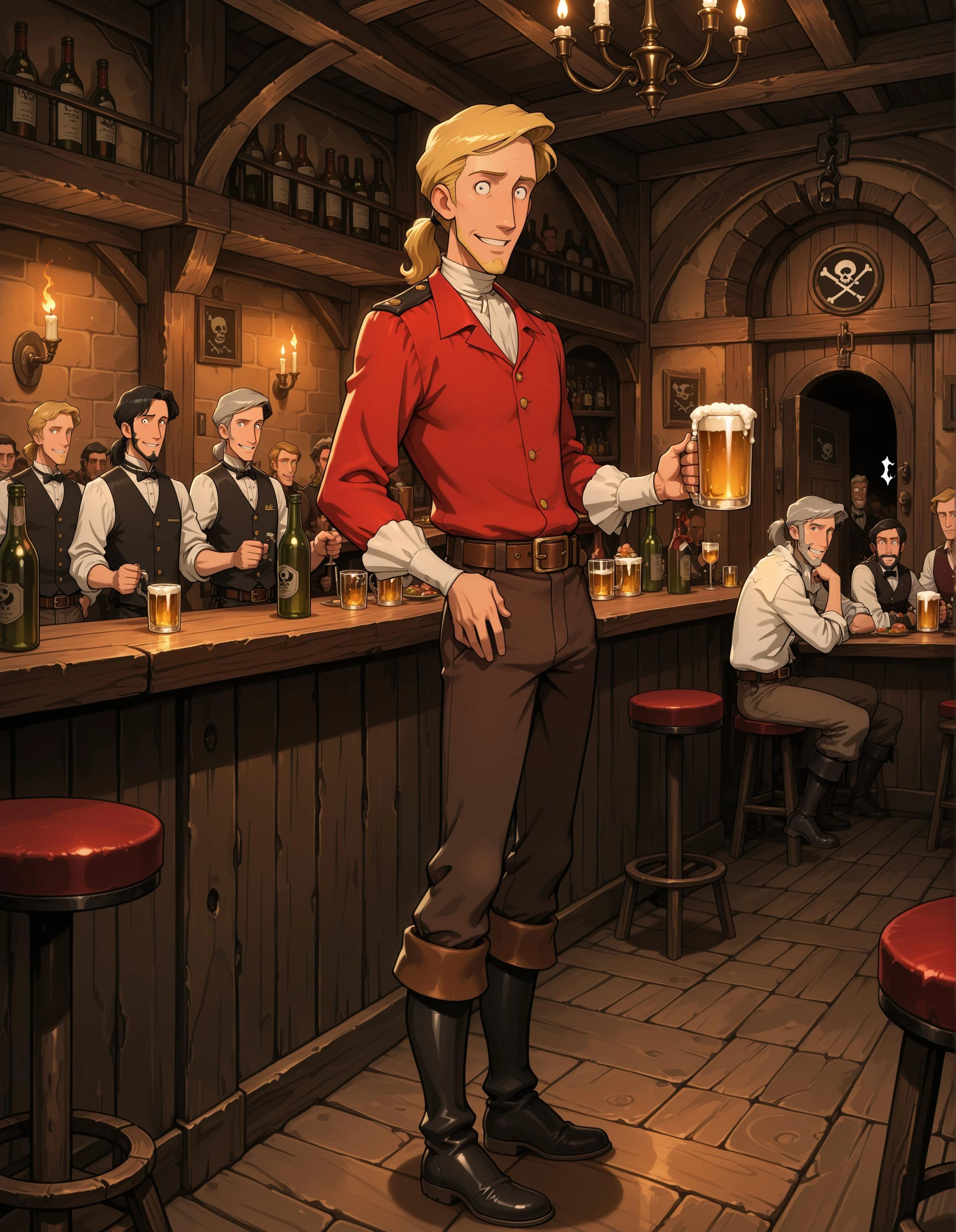 masterpiece, best quality, highres, absurdres, incredibly absurdres, very awa, very as2, anime screenshot, anime coloring, flat color, guybrush, 1boy, solo focus, blonde hair, constricted pupils, ponytail, military uniform, red shirt, buttons, white shirt, turtleneck, brown pants, brown belt, belt buckle, black boots, full body, standing, looking at viewer, smile, holding pint, beer, indoors, interior, bar \(place\), bar stool, counter, candle, cup, alcohol, bottle, fire, door, drinking glass, food, candlestand, crowd, 6+boys, bartender, black hair, facial hair, grey hair, pirate, loaded interior, absurdly detailed composition