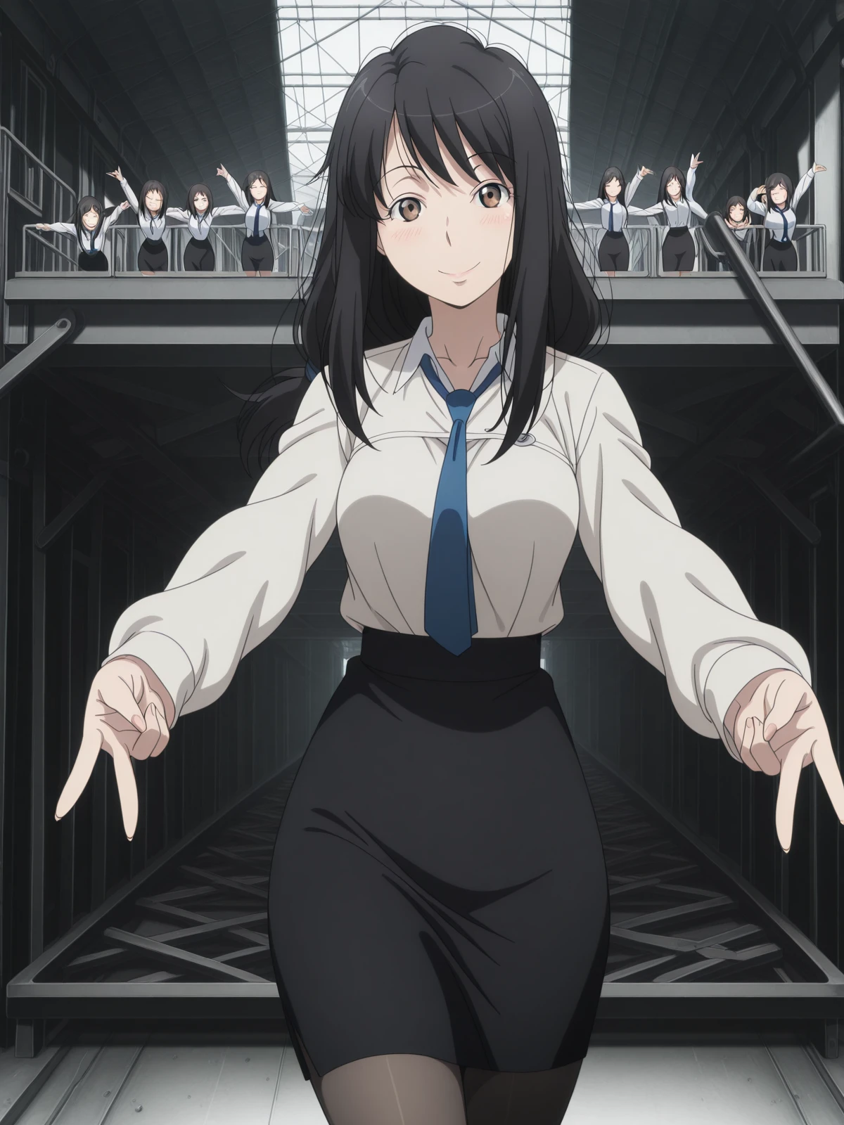 masterpiece, best quality, amazing quality,, <lora:yuki-kaizuka-s1-illustriousxl-lora-nochekaiser:1>, yuki kaizuka, long hair, black hair, brown eyes, mature female, medium breasts, anime screencap,, skirt, pantyhose, necktie, pencil skirt, long sleeves, collared shirt,, <lora:double-gyaru-v-illustriousxl-lora-nochekaiser:1>, doublegyaruv, solo, looking at viewer, blush, smile, closed eyes, standing, cowboy shot, double v,, shipyard, boats, construction, metal, workers, cowboy shot, solo, looking at viewer,