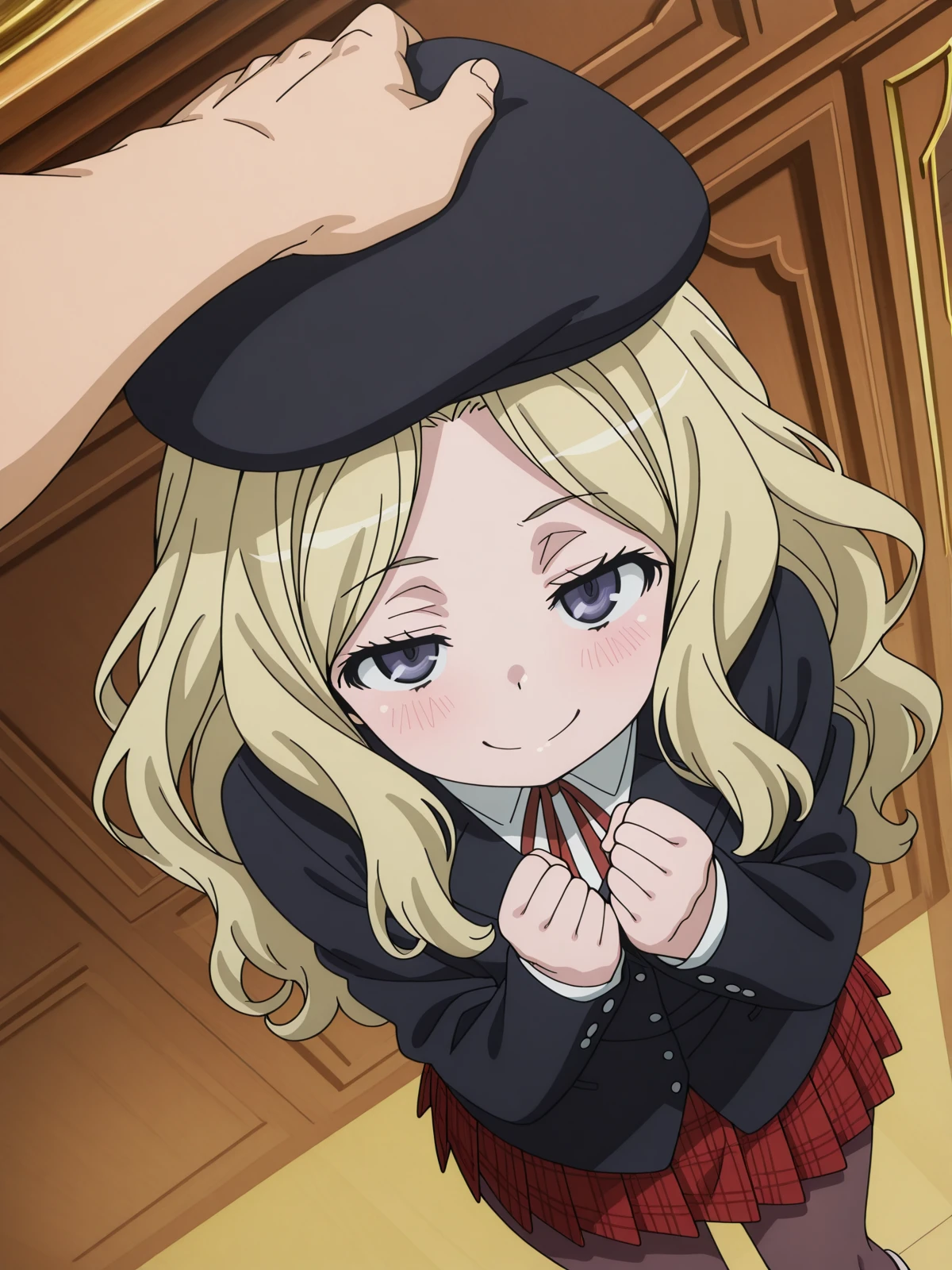 masterpiece, best quality, amazing quality,, <lora:frenda-seivelun-s3-illustriousxl-lora-nochekaiser:1>, frenda seivelun, long hair, blonde hair, black eyes, anime screencap, skirt, hat, ribbon, jacket, pantyhose, plaid, beret, plaid skirt, blazer,, <lora:headpat-pov-illustriousxl-lora-nochekaiser:1>, headpat pov, blush, from above, looking up, pov, pov hands, headpat, half-closed eyes, looking at viewer, hands up, clenched hands, smile,, courtroom, judge, witness_stand, audience, formality, cowboy shot, solo, looking at viewer,