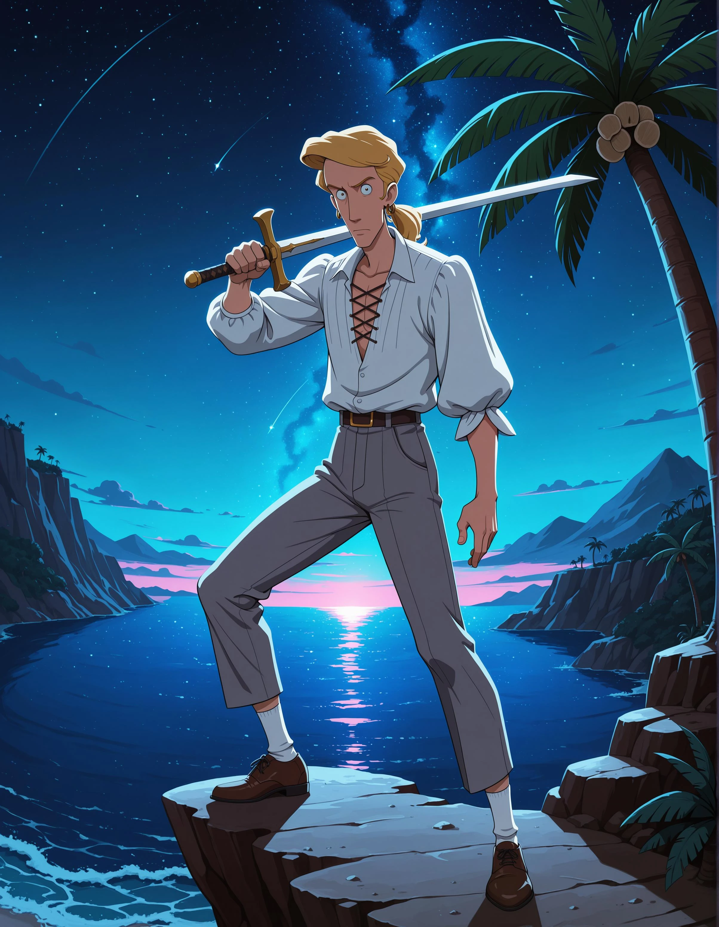 masterpiece, best quality, highres, absurdres, incredibly absurdres, very awa, very as2, anime screenshot, anime coloring, flat color, guybrush, 1boy, solo, blonde hair, constricted pupils, ponytail, hoop earrings, single earring, white shirt, cross-laced top, puffy sleeves, shirt tucked in, grey pants, white socks, brown shoes, full body, standing, fighting stance, holding, holding sword, cutlass, looking at viewer, outdoors, cliff, island, tropical, night, night sky, starry sky, mountainous horizon, ocean, palm tree, coconut tree, complex exterior, absurdly detailed composition, dark, chiaroscuro, backlighting