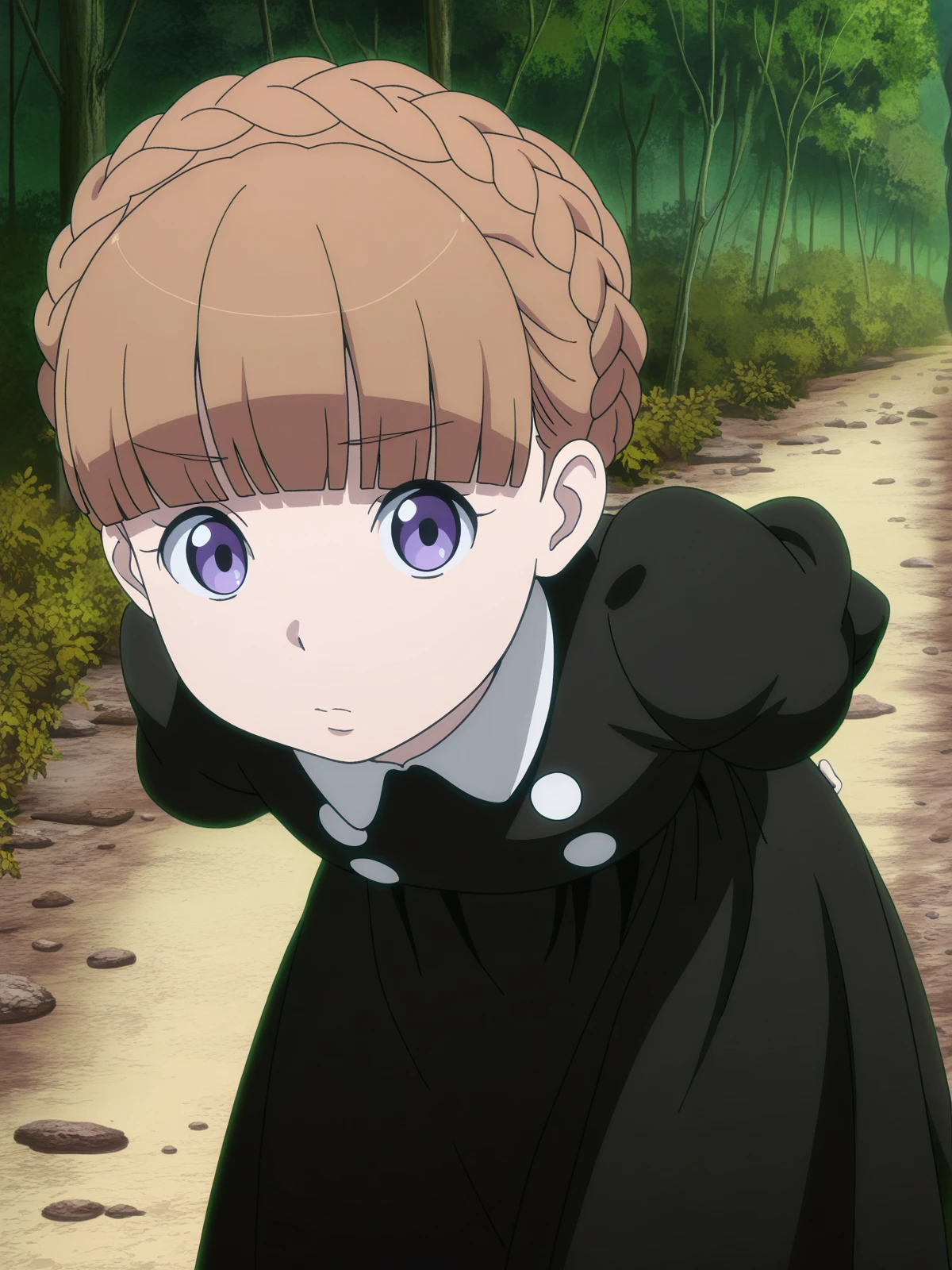 masterpiece, best quality, amazing quality,, <lora:eddelrittuo-s1-illustriousxl-lora-nochekaiser:1>, eddelrittuo, bangs, brown hair, purple eyes, braid, blunt bangs, anime screencap, long sleeves, dress, puffy sleeves, black dress, maid, hands behind back, ,, path, dirt, nature, walk, plants, cowboy shot, solo, looking at viewer,
