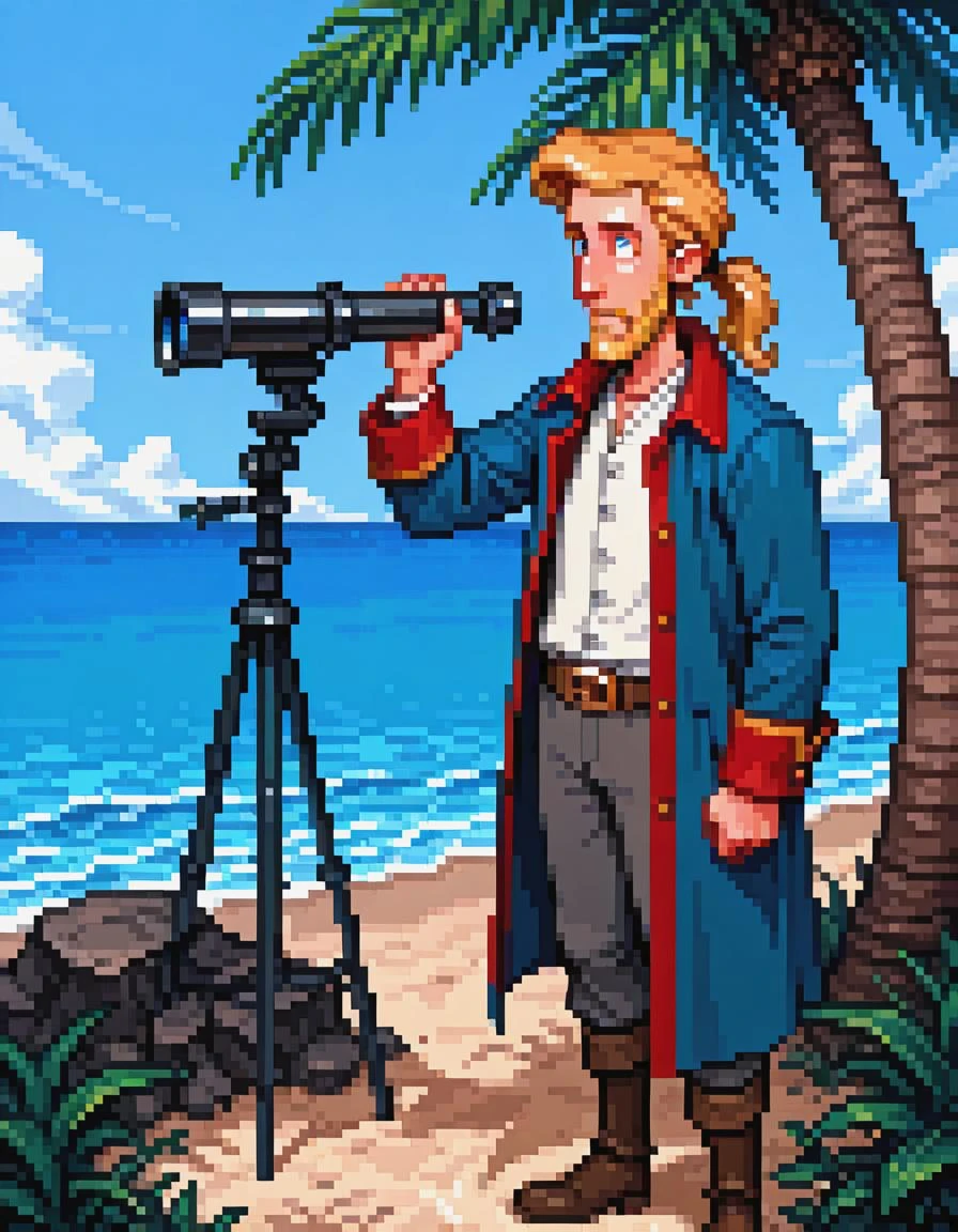 pixpix, 8-bit, pixel_art, masterpiece, guybrush, 1boy, solo, blonde hair, constricted pupils, ponytail, beard, blue coat, red trim, open coat, buttons, white shirt, grey pants, brown belt, belt buckle, baldric, brown boots, standing, holding telescope, looking afar, outdoors, day, blue sky, palm tree, tropical, ocean, scenery, complex exterior, absurdly detailed composition