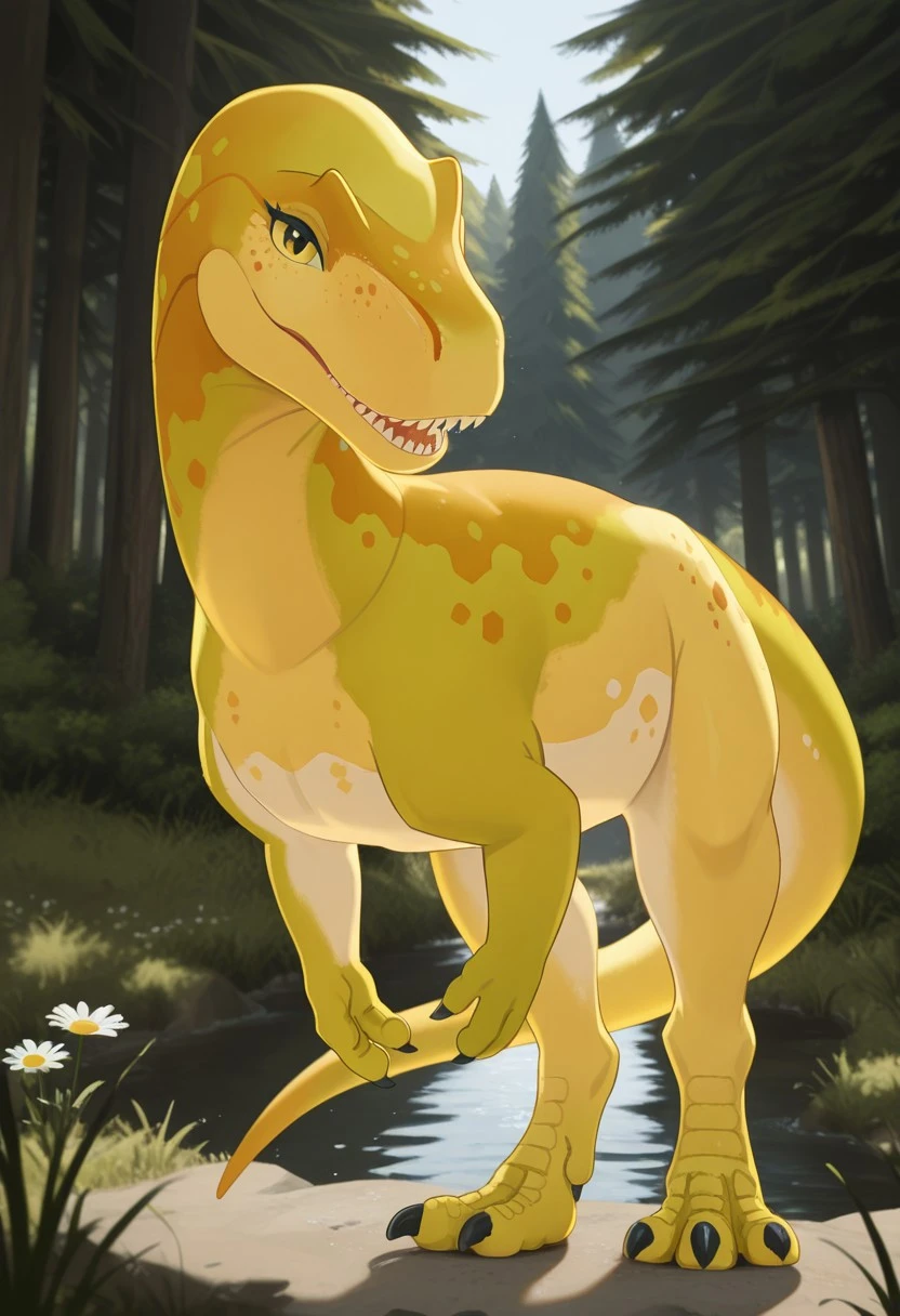 highres, absurdres, newest, masterpiece, best quality, furry, scales, claws, Daisy, epanterias, claws, dinosaur legs, yellow eyes, 3 fingers, yellow skin,, detailed eyes, day scene, professional lighting, solo, seductive, looking_at_viewer, masterpiece, close up, forest, riverbank
