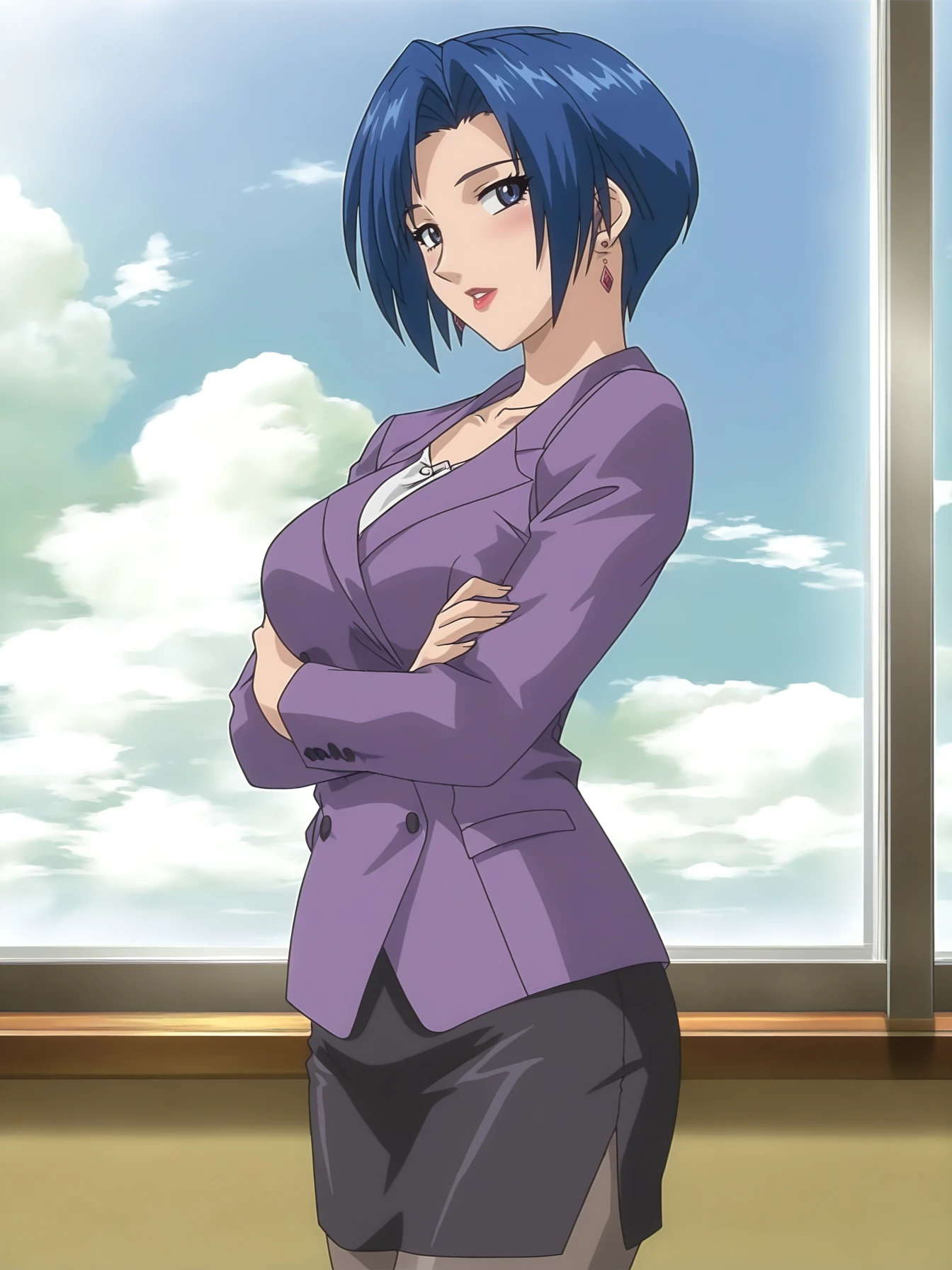 masterpiece, best quality, highres, absurdres, very awa, shiny skin, digital art, official art, vivid, colorful,
Aojika Mizuho, a girl is standing, crossed arms, cowboy shot, three quarter view, from side,
1girl, mature female, solo,
looking at viewer, blush, parted lips, head tilt, turning head, sideways glance,
blue hair, short hair, blue eyes, earrings, lipstick,
purple blazer, white shirt, black skirt, pencil skirt, black pantyhose,
collarbone,
indoors, room, window, day, blue skies, clouds,
<lora:Aojika Mizuho NoobAIXL V-pred:1> <lora:wa_noob_12_2:1>