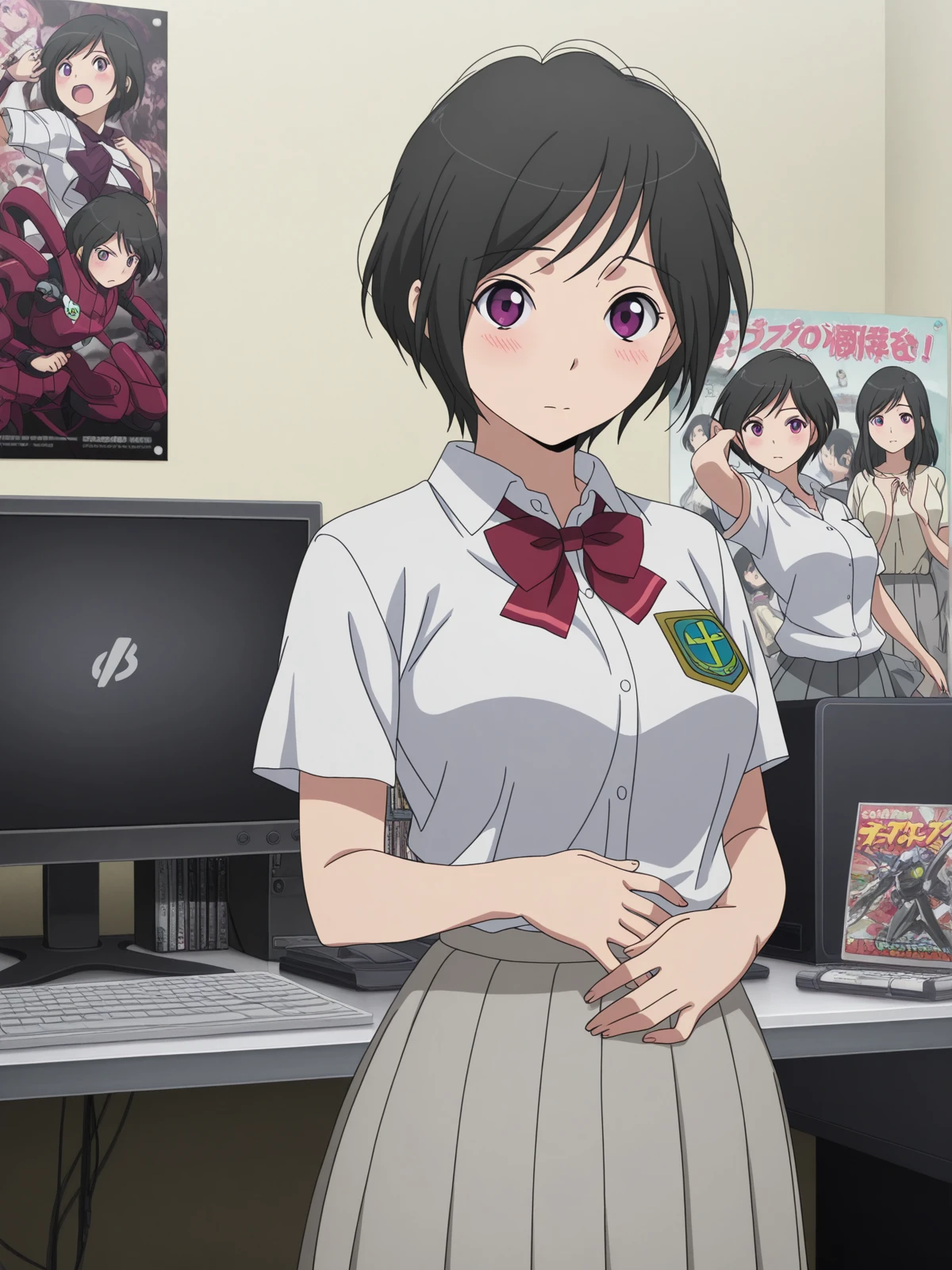 masterpiece, best quality, amazing quality,, <lora:inko-amifumi-s1-illustriousxl-lora-nochekaiser:1>, inko amifumi, short hair, black hair, purple eyes, mature female, medium breasts, anime screencap,, skirt, shirt, bow, white shirt, short sleeves, pleated skirt, bowtie, red bow, dress shirt, grey skirt, hand on stomach, blush,, otaku room, posters, anime_figures, computer, cluttered, cowboy shot, solo, looking at viewer,