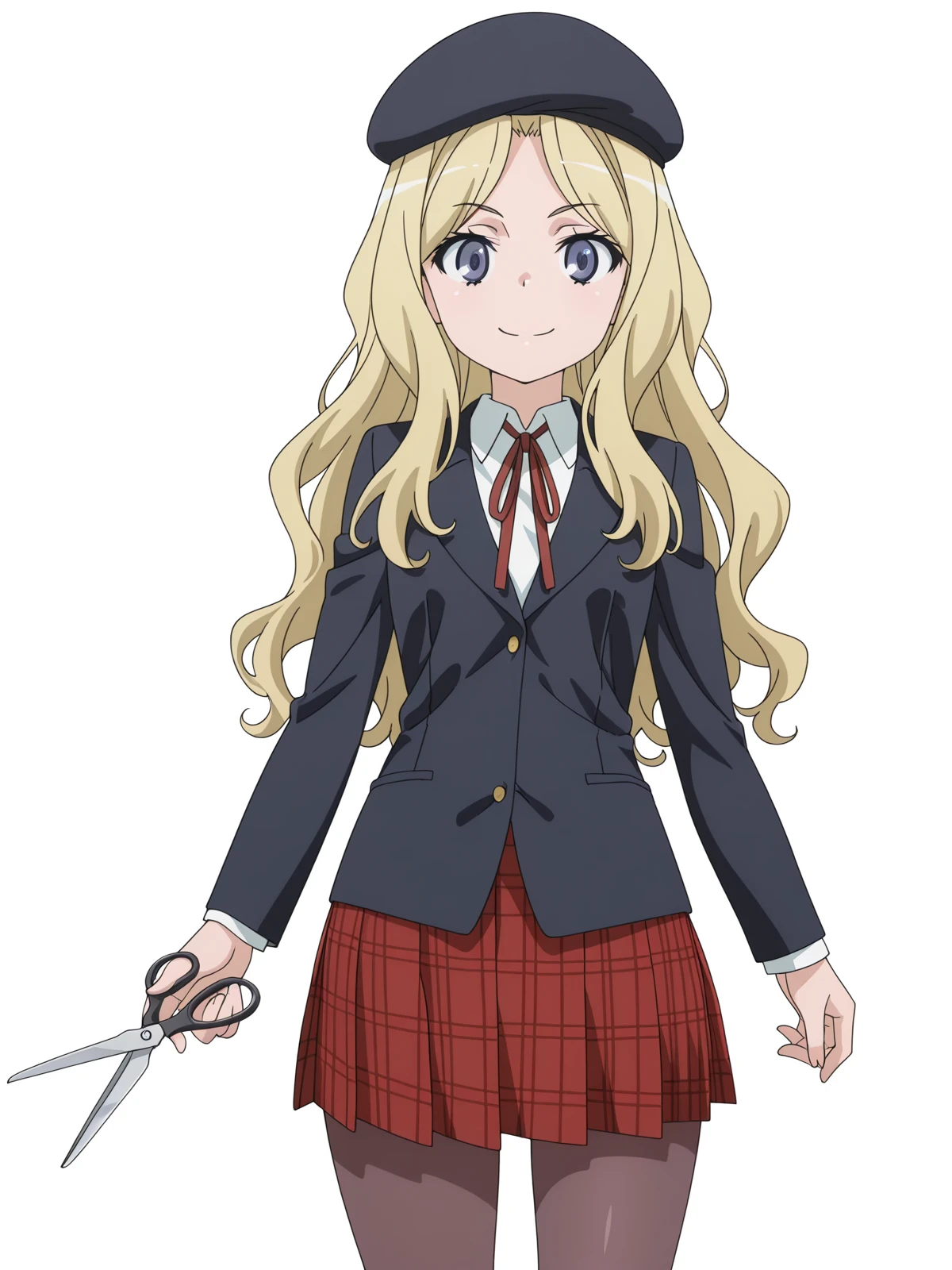 masterpiece, best quality, amazing quality,, <lora:frenda-seivelun-s3-illustriousxl-lora-nochekaiser:1>, frenda seivelun, long hair, blonde hair, black eyes, anime screencap, skirt, hat, ribbon, jacket, pantyhose, plaid, beret, plaid skirt, blazer,, smile, salon, chairs, mirrors, scissors, beauty, cowboy shot, solo, looking at viewer, <lora:transparent-background-illustriousxl-lora-nochekaiser:1>, transparent background, simple background, white background