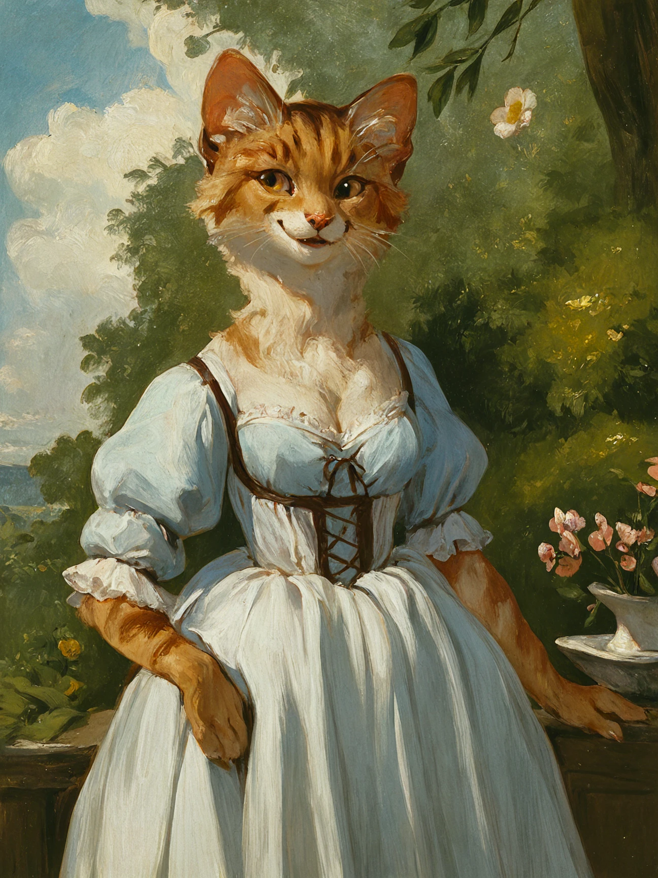 oil painting, traditional medium, score_9, score_8_up, score_7_up, rating_safe, cowboy shot, 1cat_girl, solo, smile, furry, puffy sleeves, dress, nature, canvas texture, source_furry
