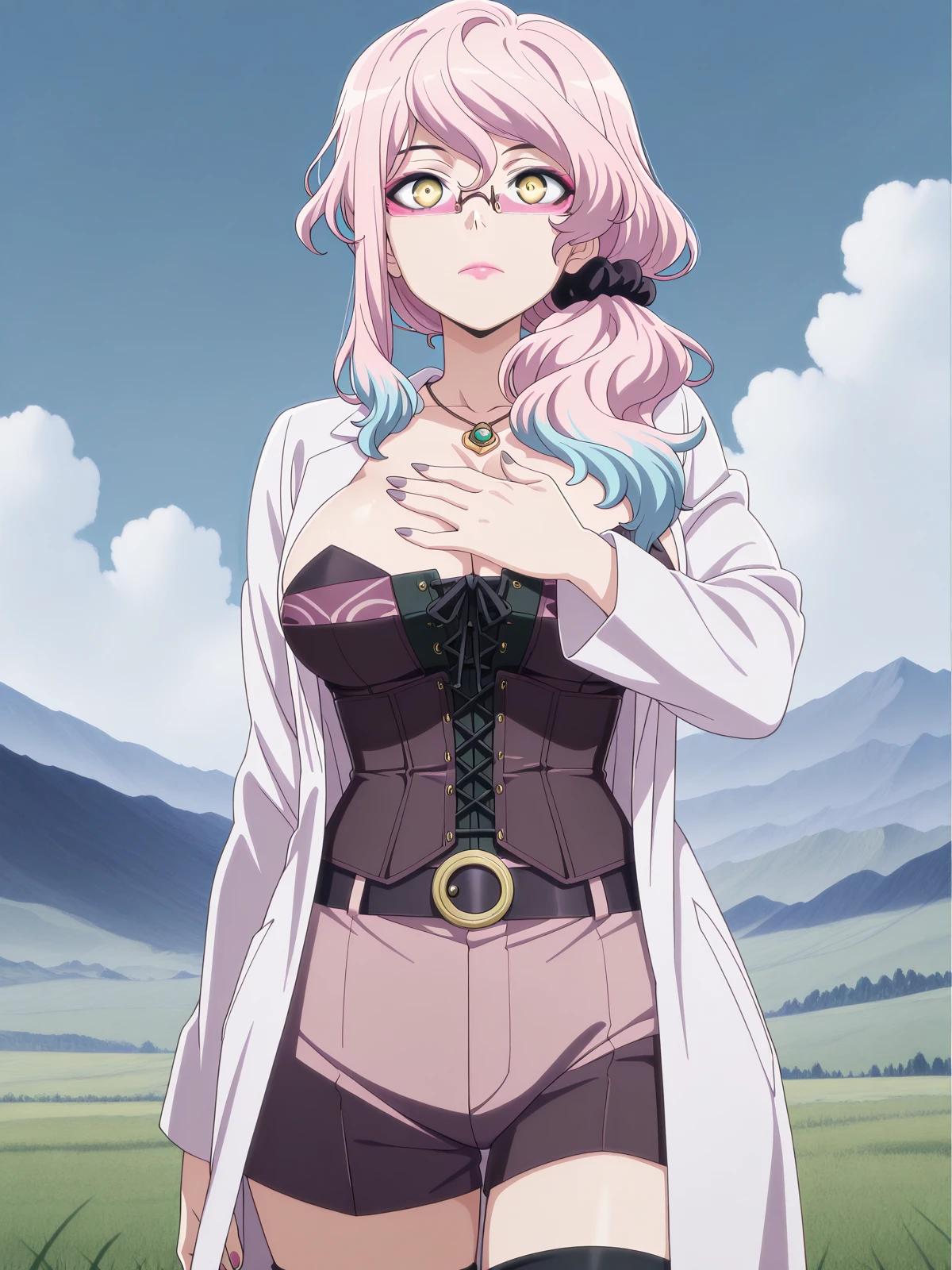 masterpiece, best quality, amazing quality,, <lora:akudama-doctor-s1-illustriousxl-lora-nochekaiser:1>, doctor, long hair, bangs, hair between eyes, yellow eyes, pink hair, glasses, makeup, lipstick, multicolored hair, gradient hair, scrunchie, blue hair, mature female, large breasts, anime screencap, thighhighs, shorts, belt, labcoat, cleavage, jewelry, necklace, nail polish, corset,, <lora:lupang-hinirang-illustriousxl-lora-nochekaiser:1>, lupang hinirang, solo, looking up, expressionless, closed mouth, hand up, hand on own chest, clouds, blue sky, outdoors, upper body, hill, grass, open, landscape, sky, cowboy shot, solo, looking at viewer, <lora:transparent-background-illustriousxl-lora-nochekaiser:1>, transparent background, simple background, white background