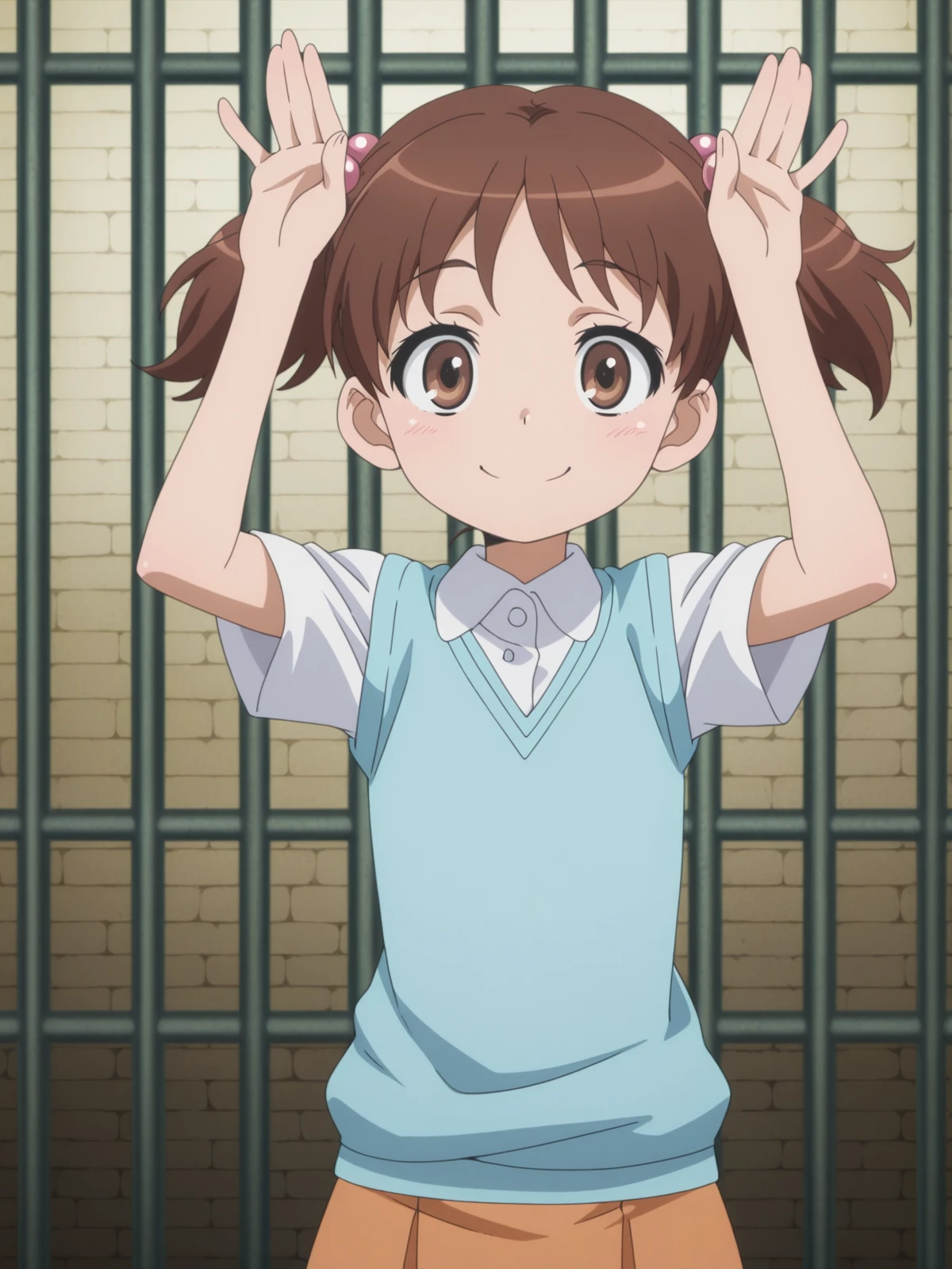 masterpiece, best quality, amazing quality,, <lora:kana-hazamaya-s1-illustriousxl-lora-nochekaiser:1>, kana hazamaya, short hair, brown hair, hair ornament, twintails, brown eyes, hair bobbles, short twintails, anime screencap, skirt, sweater vest, blue sweater vest,, <lora:rabbit-pose-illustriousxl-lora-nochekaiser:1>, rabbit pose, hands up, looking at viewer, smile, upper body, prison, bars, cells, guards, confined, cowboy shot, solo, looking at viewer,