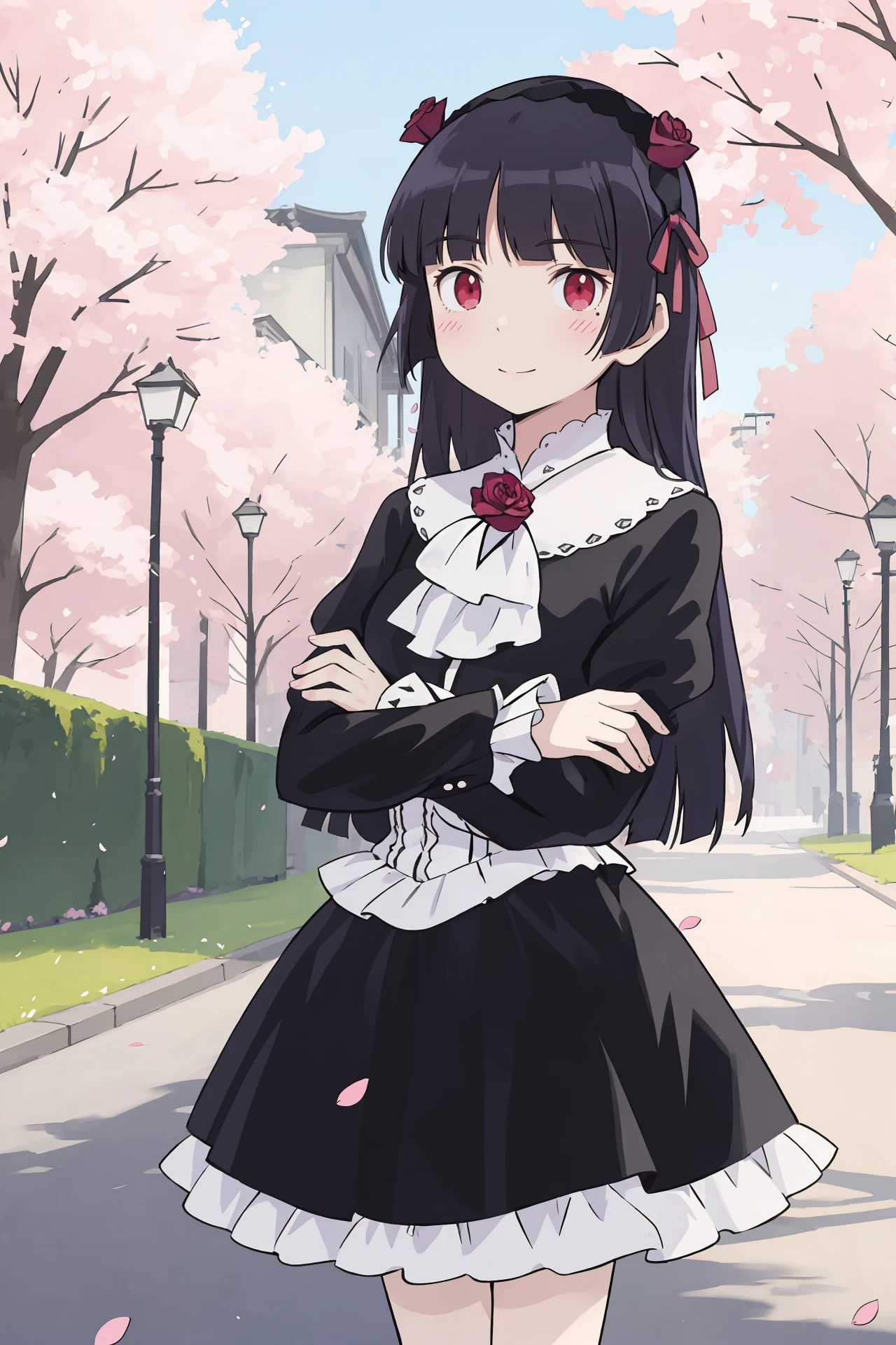 (best quality, masterpiece:1.2), <lora:Char-Gokou_Ruri-V1-SD1.5:0.9:hr=0.6>, 1girl, gokou ruri, red eyes, black flower hairband, solo, frilled ascot, flower brooch, black cropped jacket, white frilled shirt, black hoop skirt, petticoat, crossed arms, looking at viewer, light smile, standing, contrapposto, cowboy shot, outdoors, street, cherry blossoms, petals, depth of field