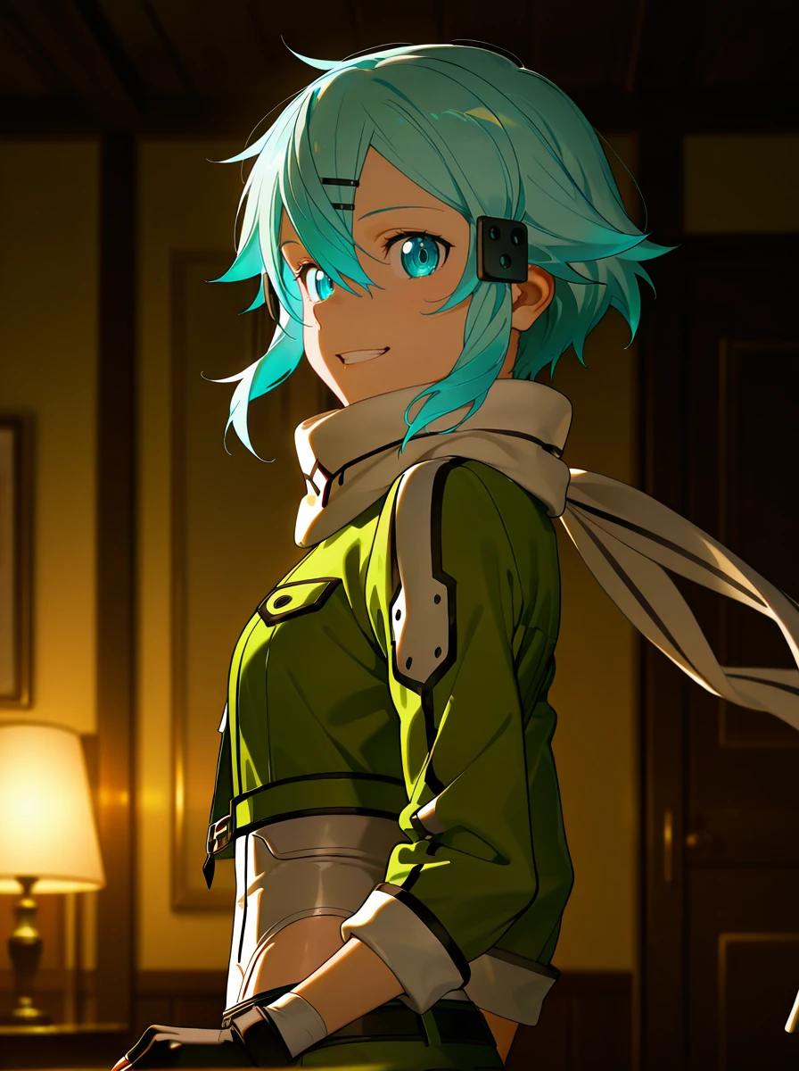 HDR, 8K, high contrast, masterpiece, best quality, amazing quality, very aesthetic, high resolution, ultra-detailed, absurdres, anime still, anime screencap, anime coloring, anime shading , shiny skin, looking at viewer, , indoors night moonlight, bedroom <lora:sinonSAO:1>Sinongungale, 1girl, solo, blue eyes, fingerless gloves,hairclip scarf,  short hair,  hair ornament, hairclip, , white_Scarf, blue hair, black gloves, , green jacket, green_pants , from side, looking at viewer, smile, floating hair,, clenched teeth, happy, upper body,