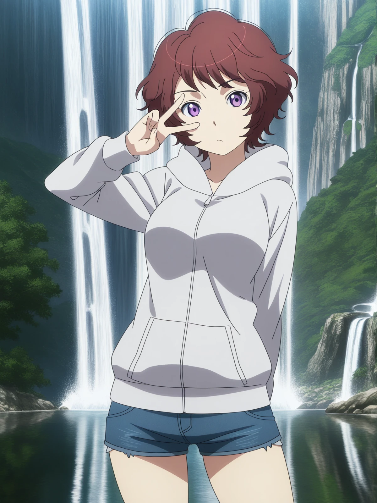 masterpiece, best quality, amazing quality,, <lora:rayet-areash-s1-illustriousxl-lora-nochekaiser:1>, rayet areash, short hair, brown hair, purple eyes, red hair, medium breasts, anime screencap,, hood, hoodie, shorts, denim shorts,, v, v over eyes,, water, lake, river, waterfall, natural, cowboy shot, solo, looking at viewer,