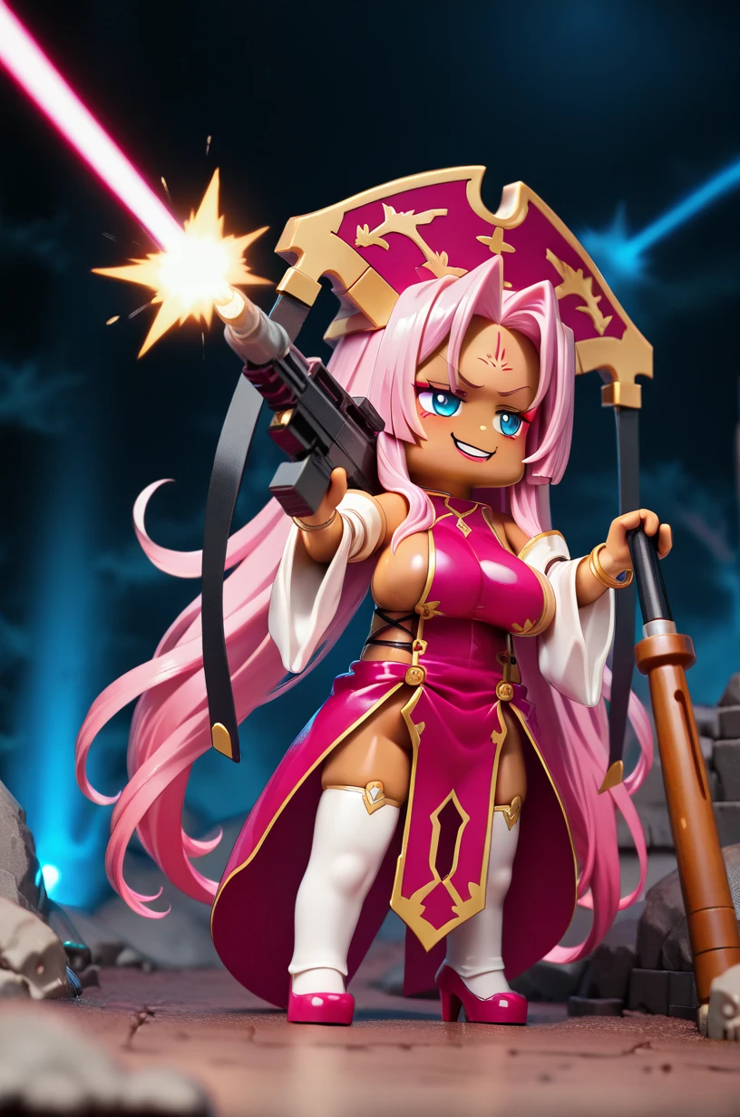 absurdres, best quality, masterpiece, very aesthetic, amazing quality, l3g0, 
1girl, solo, (chibi:1.4), full body, s0nk3n(enr3nr3n), very long hair, hair intakes, pink hair, blue eyes, makeup, lip stick, dark-skinned female, forehead mark, shiny skin BREAK dress, detached sleeves, sideboob, no panties, hat, no bra, bracelet, bare shoulders, sideless outfit, white thighhighs, wide sleeves, pelvic curtain, high heels, 
smug, standing, holding rifle, laser beam, firing, realistic shadows, detailed shadow, sharp focus, depth of field, dynamic angle <lora:sonken(enrenren) v1.0-000011:0.8> <lora:LEGO_Style_IL:1.5>