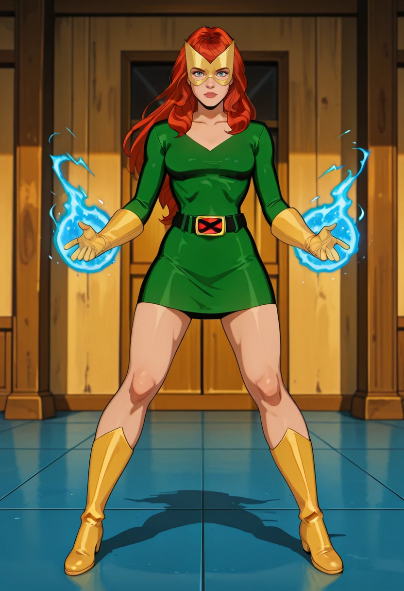 highres, absurdres, very aesthetic, masterpiece, perfect, best quality, perfect anatomy, 1girl, solo, jean grey, long hair, red hair, blue eyes, marvel girl, yellow gloves, belt, green bodysuit, breasts, short dress, yellow boots, yellow mask, <lora:marvel_girl_anime_v3:0.8>, retro artstyle, simple coloring, standing, blue magic, legs apart, looking at the viewer