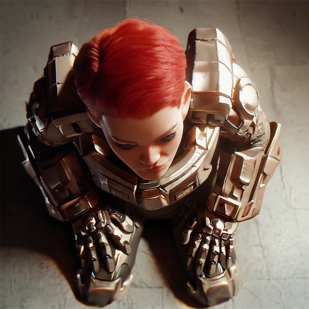 score_9, score_8_up, score_7_up, linds-058, bodysuit, armor, kneeling, high-angle view, hands on knees, red hairs