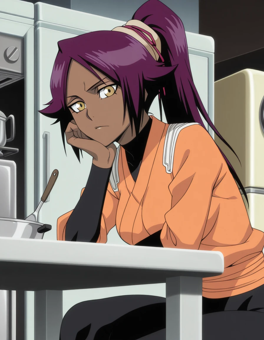 masterpiece, best quality, amazing quality,, <lora:yoruichi-shihouin-anime-illustriousxl-lora-nochekaiser:1>, yoruichi shihouin, shihouin yoruichi, long hair, yellow eyes, ponytail, purple hair, dark skin, dark-skinned female, mature female, medium breasts, anime screencap, bodysuit, black bodysuit, bodysuit under clothes, orange shirt, long sleeves,, sitting, elbow rest, table,, kitchen, stove, fridge, utensils, chef, cowboy shot, solo, looking at viewer