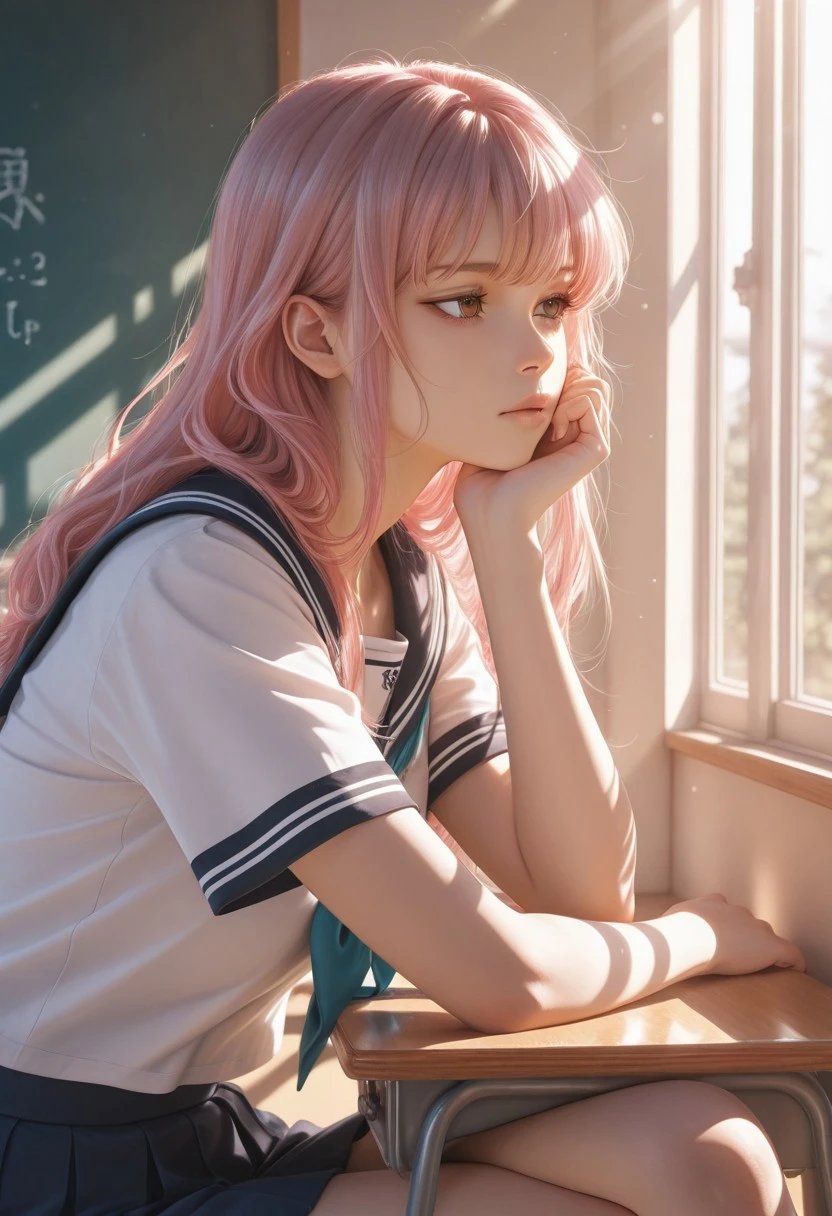 score_9, score_8_up, score_7_up,portrait , best quality, masterpiece, mariya, full color, long hair, brown eyes, pink hair, bored, school uniform, sitting on desk in school, crossed legs, head resting on hand, elbow resting on desk,, from side,  realistic,sunny day in background,
