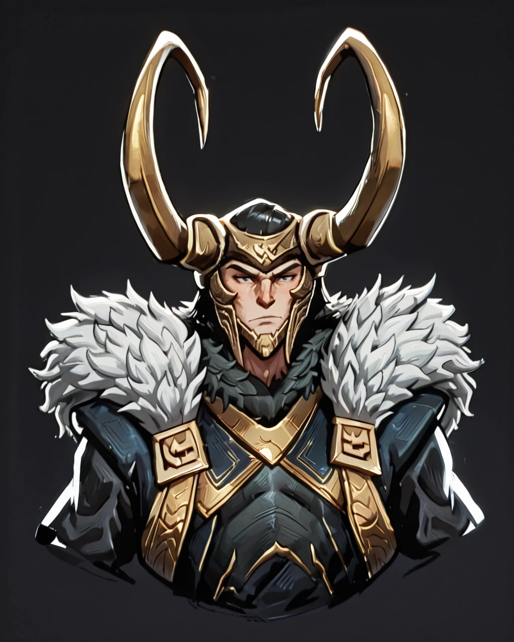 absurdres, high quality, masterpiece,very awa, <lora:Ink_Black_and_WhiteILLUST:1> inkinkstyle, minimalistic, <lora:ILMRL0k1:1> mrl0k1, 1boy, fake horns, horned helmet, fur trim, upper body, black hair