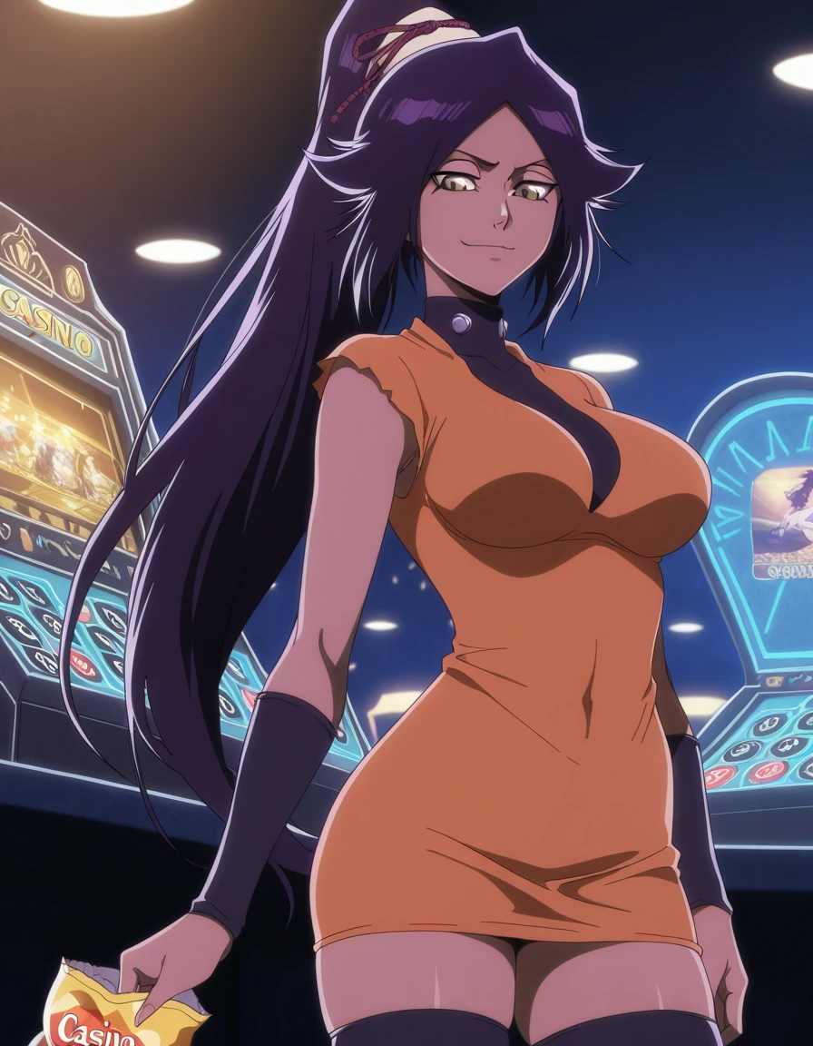 masterpiece, best quality, amazing quality,, <lora:yoruichi-shihouin-tybw-illustriousxl-lora-nochekaiser:1>, yoruichi shihouin, long hair, black hair, ponytail, dark skin, dark-skinned female, high ponytail, yellow eyes, mature female, breasts, anime screencap, dress, orange dress, thighhighs, black thighhighs, detached sleeves, zettai ryouiki,, casino, games, lights, chips, luck, smile, smile, looking at viewer, solo,, cowboy shot, solo