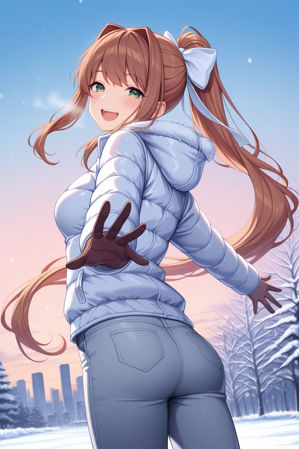 masterpiece, best quality, , looking at viewer, looking back, :d, laughing, blush, 1girl, m0n1k4, , green eyes, very long hair, brown hair, hair intakes, long sidelocks, ponytail, hair bow, white bow, hair ribbon, white ribbon, winter clothes, padded jacket, pants, gloves, spread arms, dynamic pose, head tilt, snow, tree, gradient sky, morning, city, <lora:Hoseki_DokiDokiLiteratureClub!_Monika_IllustriousXL_v1:1>