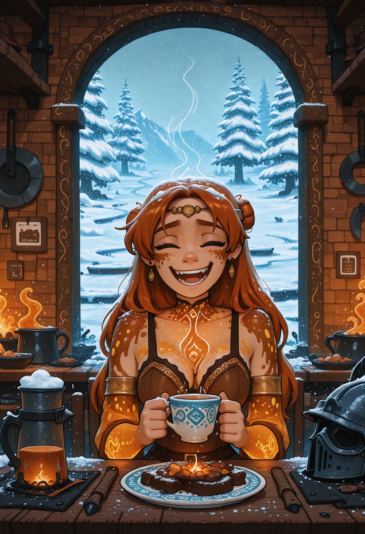 newtooncore, masterpiece, best quality, 1girl,, a cafeteria full of Imaginative midweight traditional Sri Lankan (Tom Hollands:1.2) holding a Cup of Tea, laughing, Blacksmith, concept art, dressed in Helmet with Ditsy adornments, Snowy, Magic Realism, Sad, Rembrandt lighting, L USM, Colorful paint splotches, most beautiful artwork in the world