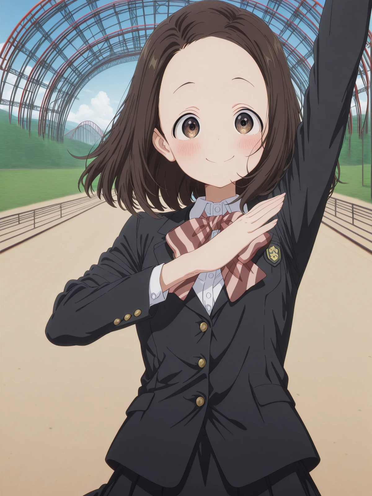 masterpiece, best quality, amazing quality,, <lora:touko-usagihara-s1-illustriousxl-lora-nochekaiser:1>, touko usagihara, short hair, brown hair, brown eyes, medium hair, forehead, anime screencap,, skirt, long sleeves, jacket, black skirt, black jacket, blazer, bow, bowtie, stripped, stripped bowtie,, <lora:sailorvenus-pose-illustriousxl-lora-nochekaiser:1>, sailorvenus pose, solo, looking at viewer, blush, smile, straight-on, upper body, arm up, hand up,, roller coaster, tracks, speed, fun, thrill, cowboy shot, solo, looking at viewer,