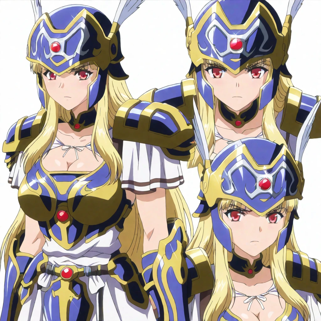 masterpiece,high score,great score,absurdres,solo,looking at viewer,<lora:character_Sheet_XL:0.5> character sheet, multiple views, white background,<lora:Valkyrie_ss hassakuill30:1> valkyriess, blonde hair, long hair, red eyes,helmet,armor,cleavage,armored dress,
