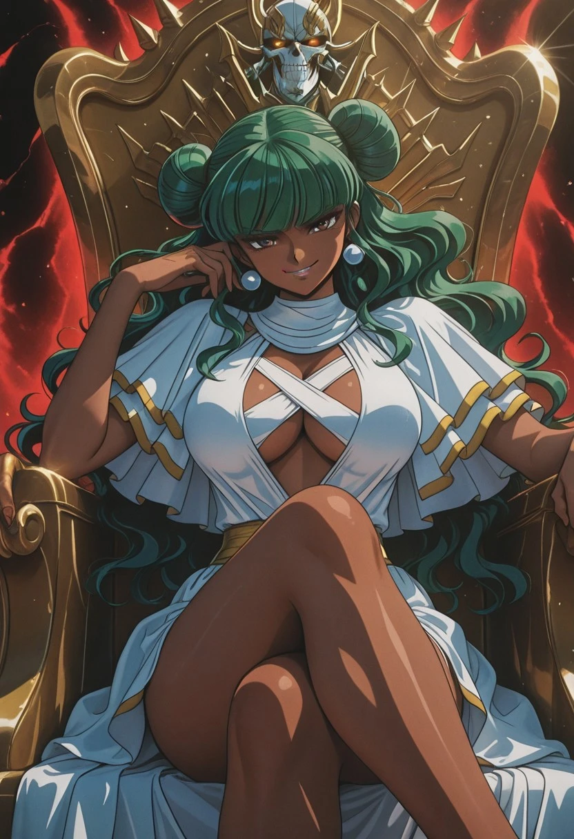 score_9, score_8_up, score_7_up, , best quality, masterpiece, nemesis, full color, double bun, green hair, long hair, dark skin, brown eyes,retro style,, , big breasts, cleavage, sitting on throne, crossed legs,, looking at viewer, smirk