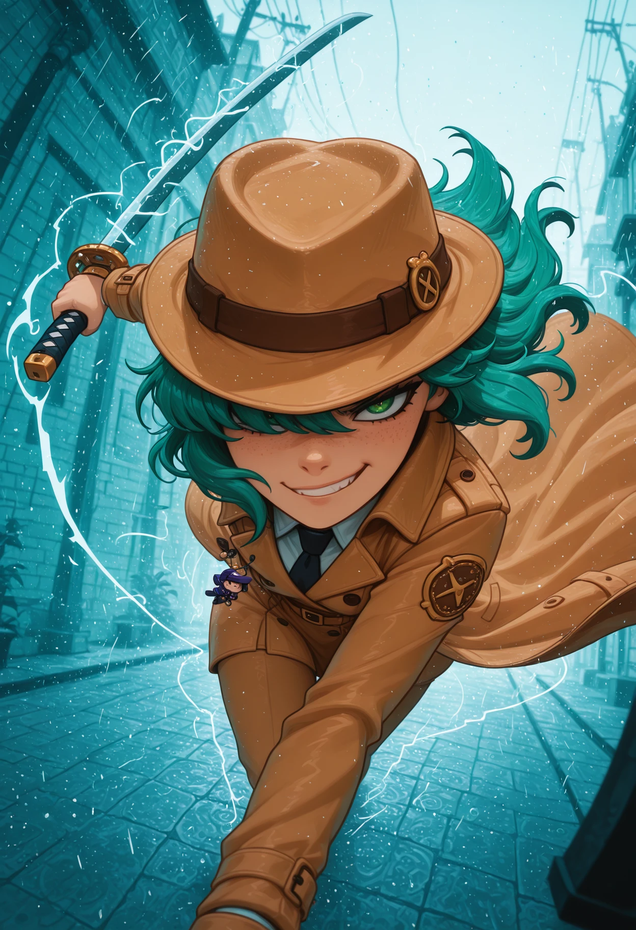 newtooncore, masterpiece, best quality, green eyes, 1girl, Vaporwave Anime Style, High Angle, Wind, stormy day, tsundere face, sneer, playful , detective mystery, katana sword, hidden eyes, fedora hat, trench coat, kawaii charm,  detective investigation, action pose, whimsical atmosphere, magical realism, fantasy setting, adventure
