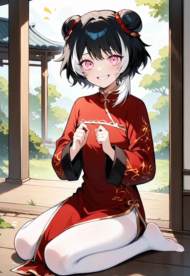 masterpiece, perfect face, beautiful face, perfect hands, beautiful hands, <lora:Jia_Xichun_Limbus_Illustrious_V2:1>, 1girl, solo, JiaXichunLimbus, JiaXichunChild, female child, multicolored hair, black hair, white hair, short hair, double hair bun, red hair ornament, pink eyes, red cheongsam, white pantyhose, outdoors, east asian architecture, looking at viewer, happy, sitting on ground