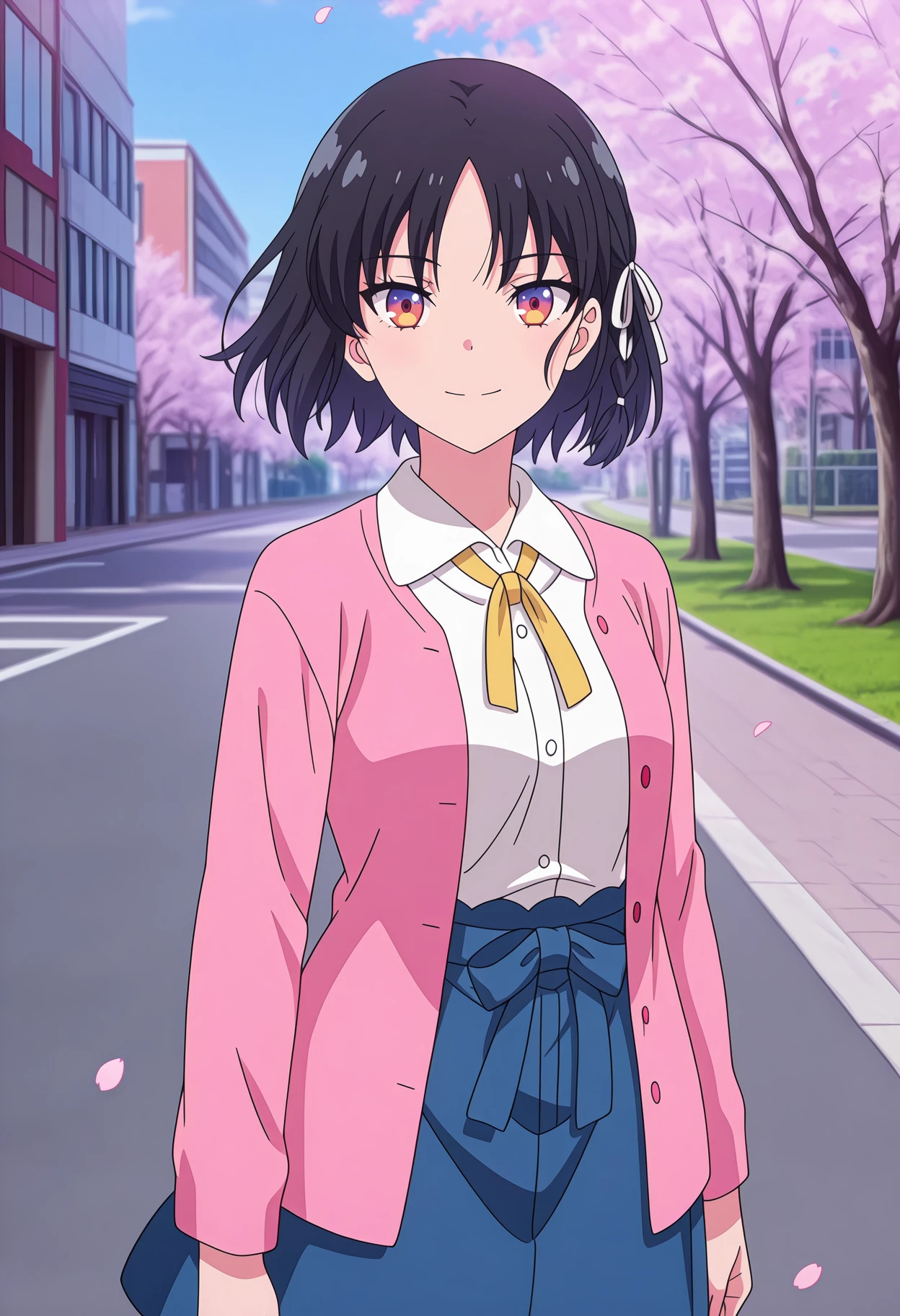 anime screencap, masterpiece, best quality,
1girl, solo, closed mouth, smile,
side braid, parted bangs, short hair, black hair, multicolored eyes, purple eyes, orange eyes, hair ribbon, white ribbon,
open cardigan, pink cardigan, collared shirt, white shirt, neck ribbon, yellow ribbon, waist bow, blue skirt,
standing, looking at viewer, cowboy shot,
outdoors, building, cherry blossoms, grass, street, tree, falling petals, blue sky, photo background, blurry background
 <lora:ClassroomOfTheElite_HorikitaSuzume_IlluXL:0.9>