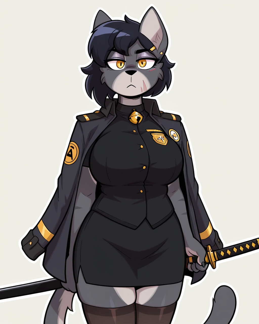 masterpiece,best quality,amazing quality, female, furry, cat, (half-length portrait:1.2),  yellow eyes, black hair, short hair, cat tail, grey body, grey fur, hair accessory,  ear piercing, uniform, black shirt, bell collar, bell, facial scar,  stockings,  jacket on shoulders, katana,  , short skirt, pencil skirt, neutral expression, solo, looking at viewer, white outline, simple background,  <lora:Cobalt_Snow_Ill:0.6> <lora:The-Minuscule-Task_Style_Lora_Illustrious:0.4> <lora:goopystem_ILL:0.5> <lora:Rose_Toge_WirelessShiba_ILLUS:1>