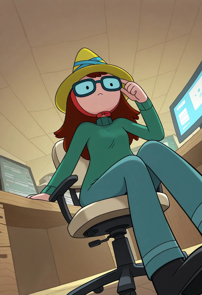 masterpiece, best quality, newest, absurdres, highres, 1girl, solo, bettygrofILL, brown hair, glasses, hat, long hair, green sweater, dynamic angle, foreshortening, desk, computer chair, office background, dynamic angle, foreshortening, sitting, adventure time