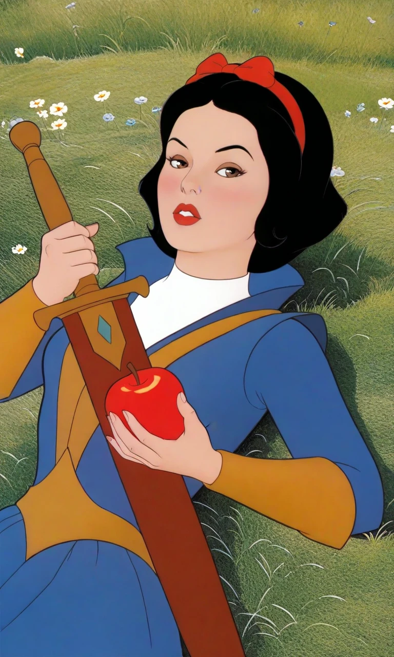 solo,Heman 1983 style, shera 1985 style, 1980s style, toon(style),1girl,bow hairband,red hairband,curly hair,short hair,blue dress,bob cut,black hair,pale skin,brown eyes,blush,red lips,yellow trim,red apple,holding food, lying,on back, sword,weapon,grass,sheath, parted lips, looking at viewer, outdoors