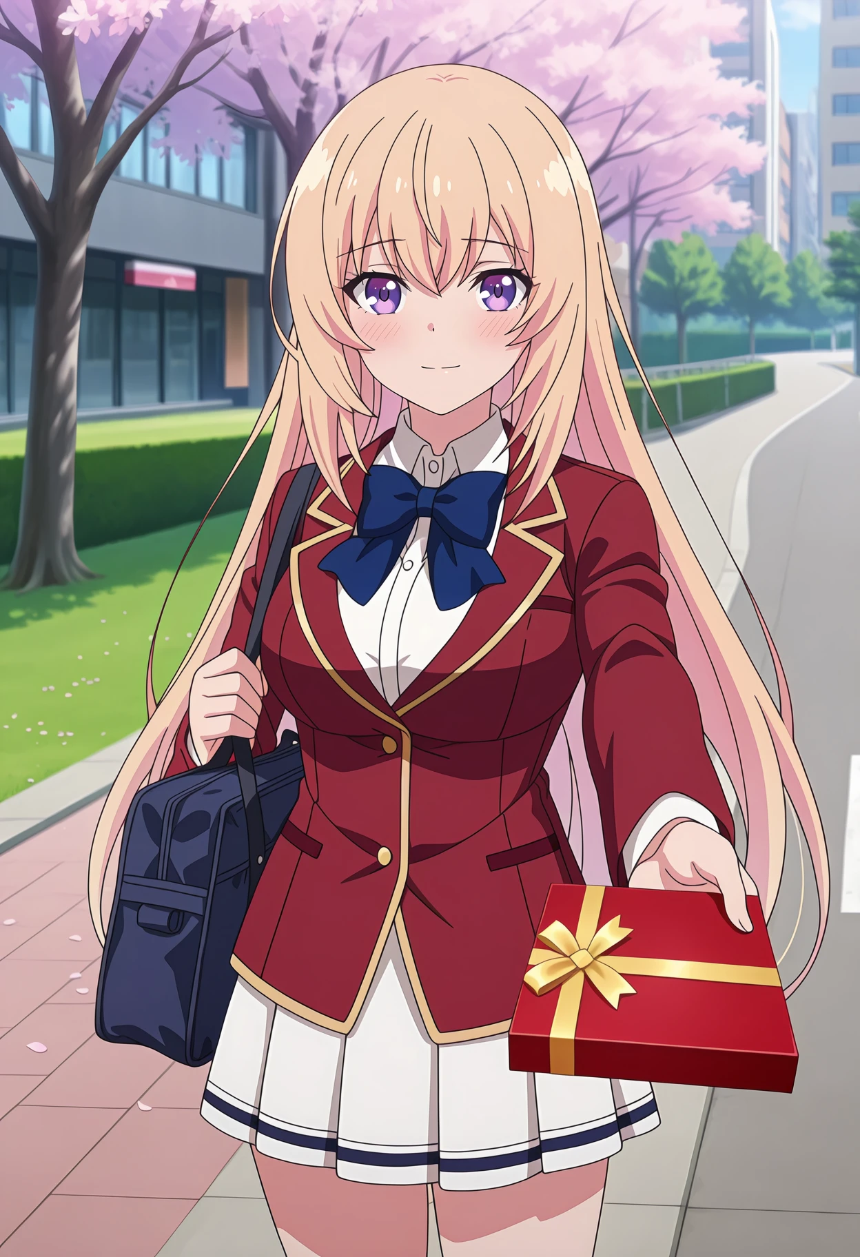 anime screencap, masterpiece, best quality,
1girl, solo, closed mouth, light smile, blush, shy,
hair between eyes, very long hair, blonde hair, purple eyes,
blazer, red jacket, collared shirt, white shirt, blue bowtie, long sleeves, miniskirt, pleated skirt, white skirt,
shoulder bag, school bag,
valentine, box of chocolates, outstretched arm, incoming gift, 
standing, looking at viewer, cowboy shot,
outdoors, cherry blossoms, street, grass, tree, building, day, photo background, blurry background
<lora:ClassroomOfTheElite_IchinoseHonami_IlluXL:0.9>