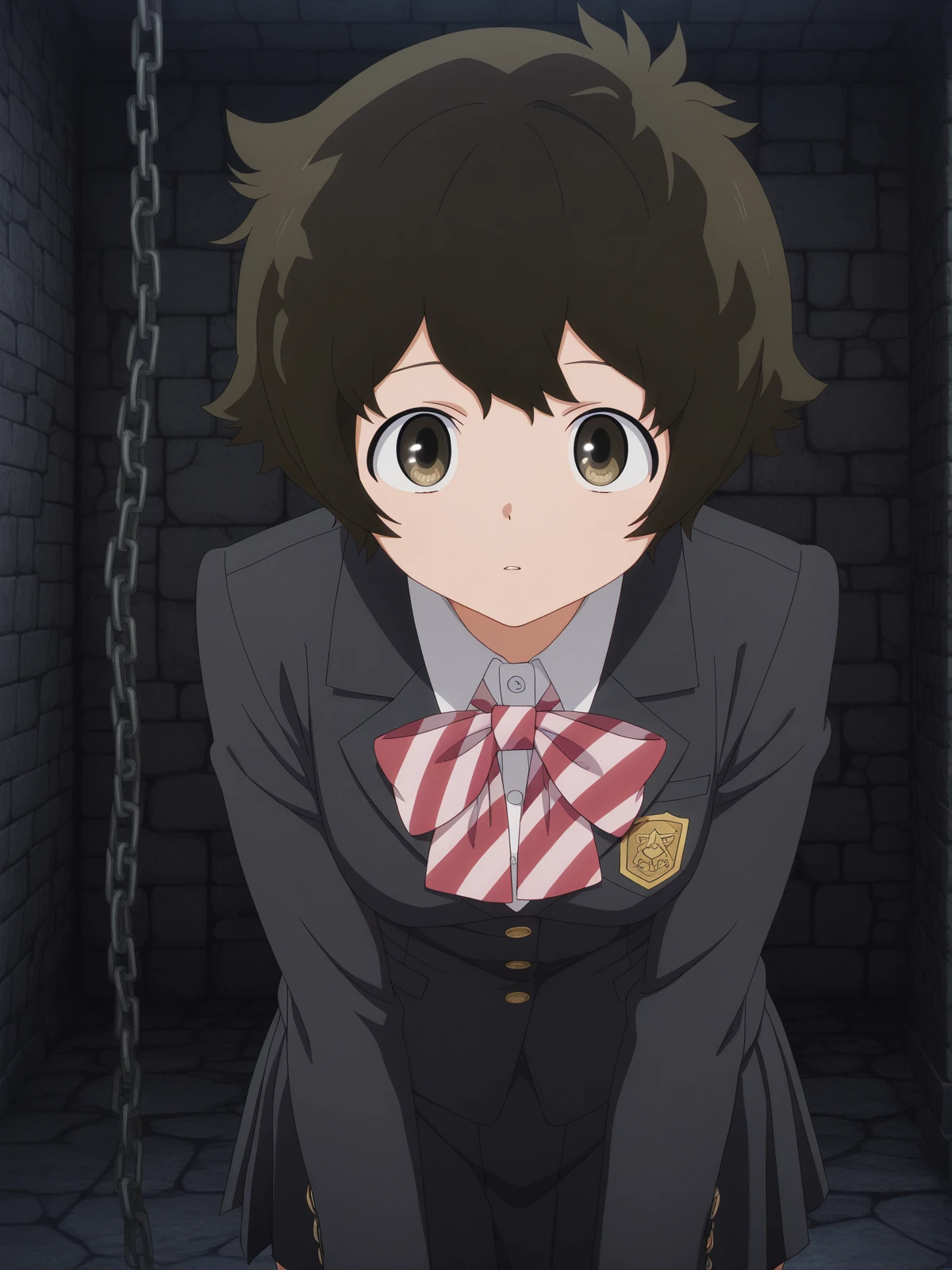 masterpiece, best quality, amazing quality,, <lora:minoru-ookuma-s1-illustriousxl-lora-nochekaiser:1>, minoru ookuma, short hair, brown hair, black hair, brown eyes, anime screencap,, skirt, long sleeves, jacket, black skirt, black jacket, blazer, bow, bowtie, stripped, stripped bowtie,, leaning forward,, dungeon, stone_walls, chains, torches, dark, cowboy shot, solo, looking at viewer,