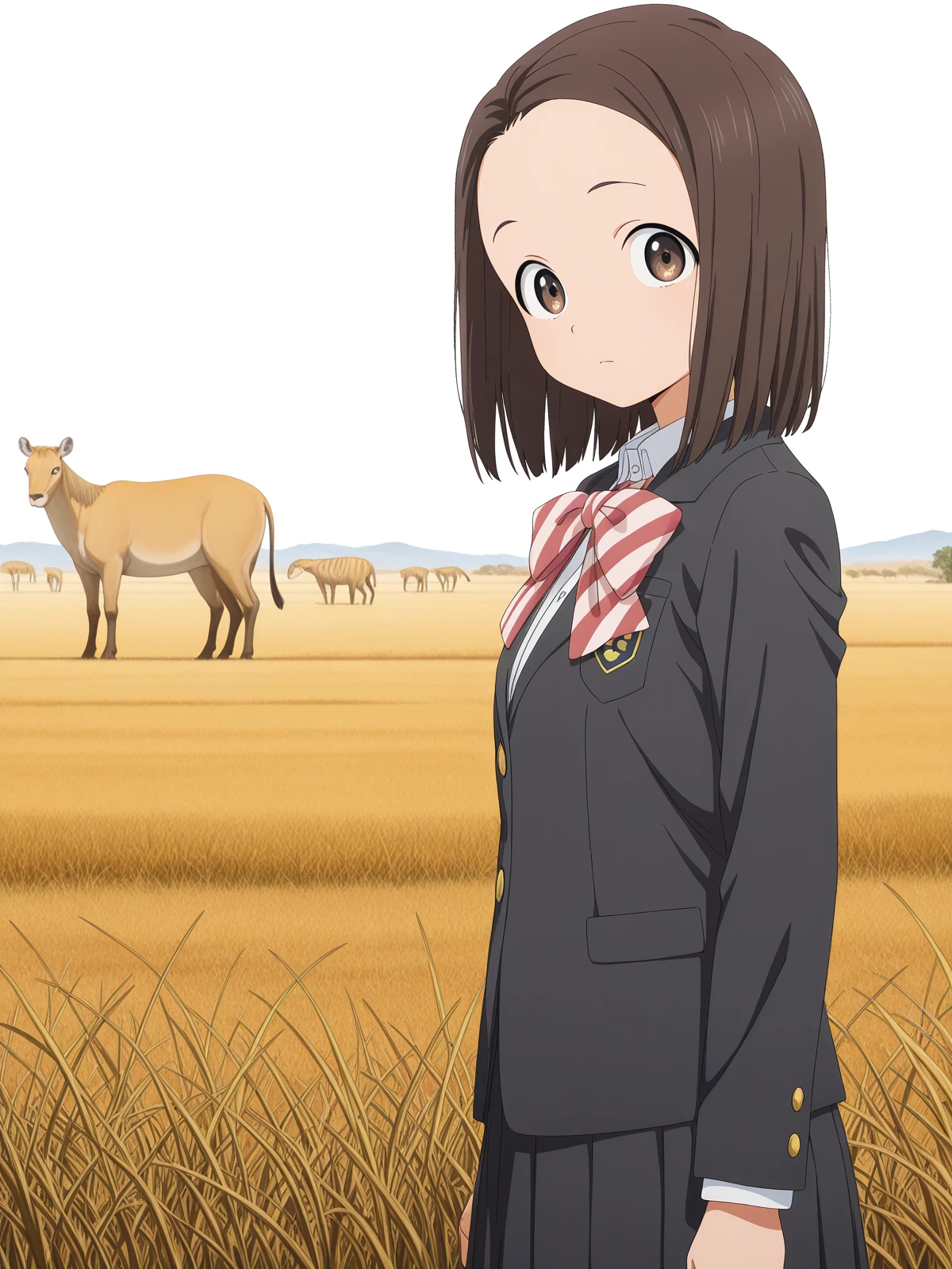 masterpiece, best quality, amazing quality,, <lora:touko-usagihara-s1-illustriousxl-lora-nochekaiser:1>, touko usagihara, short hair, brown hair, brown eyes, medium hair, forehead, anime screencap,, skirt, long sleeves, jacket, black skirt, black jacket, blazer, bow, bowtie, stripped, stripped bowtie,, from side, savannah, grass, wildlife, hot, open, cowboy shot, solo, looking at viewer, <lora:transparent-background-illustriousxl-lora-nochekaiser:1>, transparent background, simple background, white background