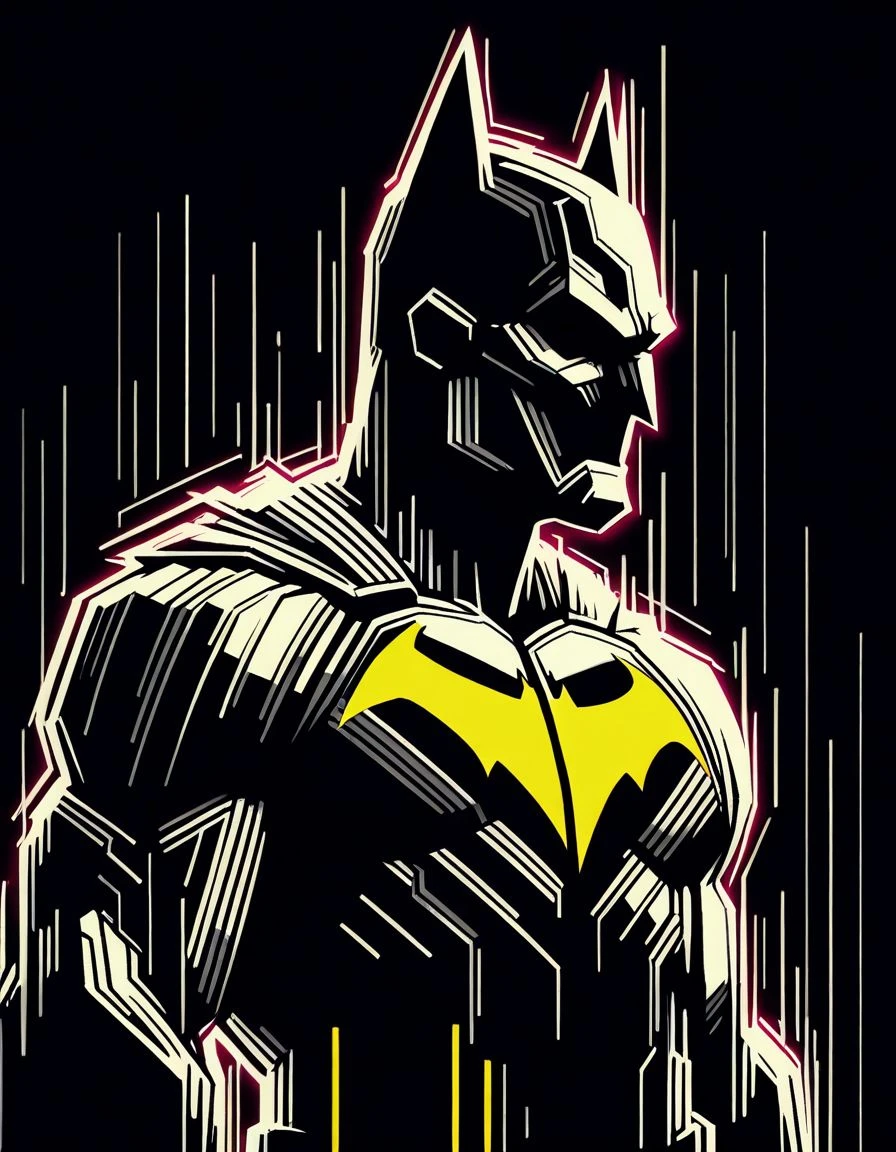 masterpiece, best quality, <lora:Navi_PrideStrokes_IL_1.5:0.7>, limited palette, glow, motion lines, black theme,
1boy, man , (batman:1.2), upper body, superhero costume, mask on head, bat symbol