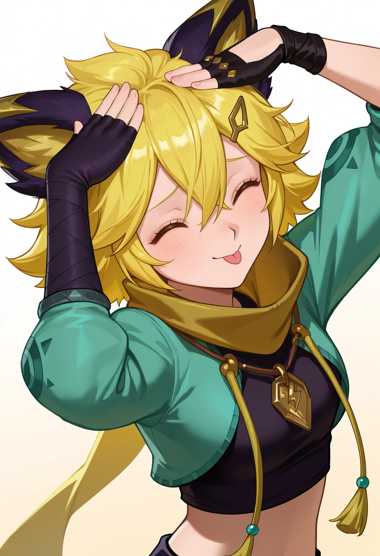 blonde hair, short hair, animal ears, hair between eyes, hairclip, uneven gloves, single elbow glove, fingerless gloves, black gloves, yellow scarf, necklace, cropped jacket, black crop top, aqua jacket, tongue out, AhEtoBlehMeme, closed eyes, tongue out, :p, hands on own head, smile, <lora:joy_mlbb:1>, <lora:AhEtoBlehMeme_illusXLNoobAI_Incrs_v1:1>