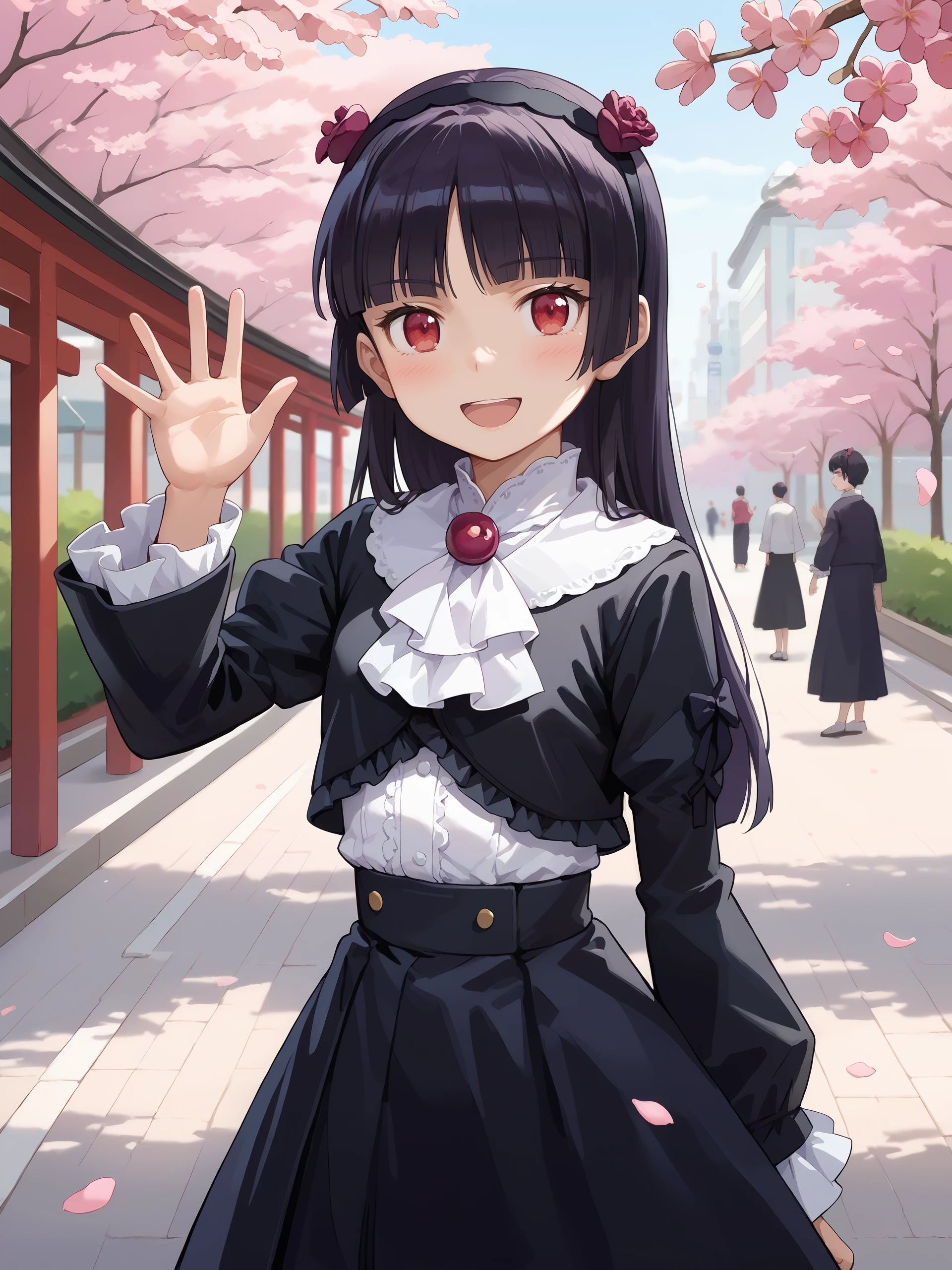 score_9, score_8_up, score_7_up, source_anime, ray tracing, best quality, anime screenshot, anime coloring, <lora:Char-Gokou_Ruri-V1-Pony:0.9:hr=0.6>, 1girl, gokou ruri, red eyes, black flower hairband, solo, frilled ascot, flower brooch, black cropped jacket, white frilled shirt, black hoop skirt, petticoat, waving, looking at viewer, smile, open mouth, standing, contrapposto, cowboy shot, outdoors, street, cherry blossoms, petals, depth of field