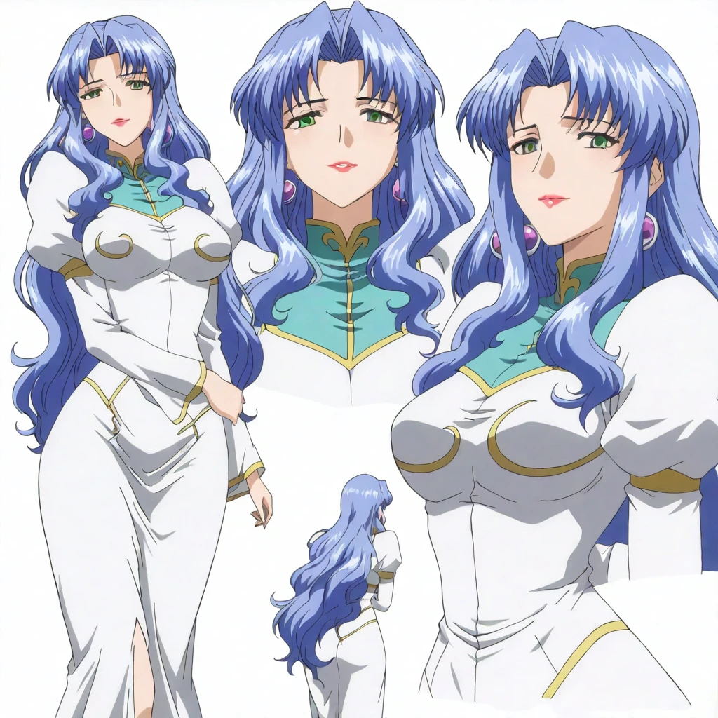 masterpiece,high score,great score,absurdres,solo,looking at viewer,<lora:character_Sheet_XL:0.5> character sheet, multiple views, white background,<lora:Freya_ss hassakuill30:1> freyass, blue hair, long hair, green eyes, lipstick, earrings,dress,