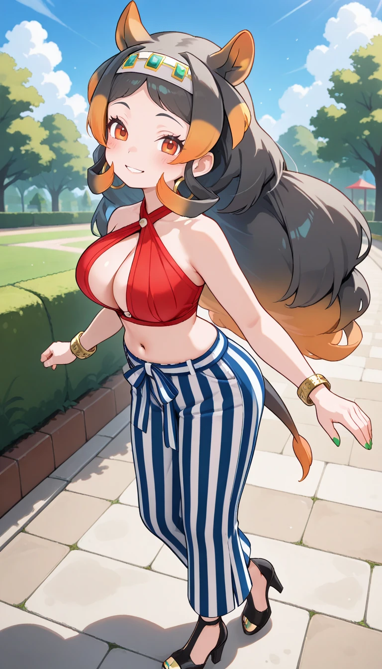 1girl, solo, <lora:hippopotamus_gorgops_altcos_kf_ilxl_v1:1>, hippopotamus gorgops \(kemono friends\), long hair, very long hair, multicolored hair, two-tone hair, gradient hair, big hair, sidelocks, black hair, blonde hair, brown hair, orange hair, grey hair, orange eyes, red eyes, large breasts, curvy, mature female, higo2nd, hair band, headband, official alternate costume, shirt, red shirt, halterneck, criss-cross halter, cleavage, cleavage cutout, clothing cutout, sleeveless, strapless, crop top, navel, midriff, bow, pants, striped clothes, striped pants, vertical-striped clothes, vertical-striped pants, blue pants, white pants, jewelry, earrings, hoop earrings, extra ears, necklace, o-ring, bracelet, circlet, green nails, nail polish, shoes, high heels, shoe soles, sandals, toenails, toenail polish, full body, walking, blush, smile, looking at viewer, park, outdoors, blue sky, cloud, masterpiece, best quality, very aesthetic, absurdres