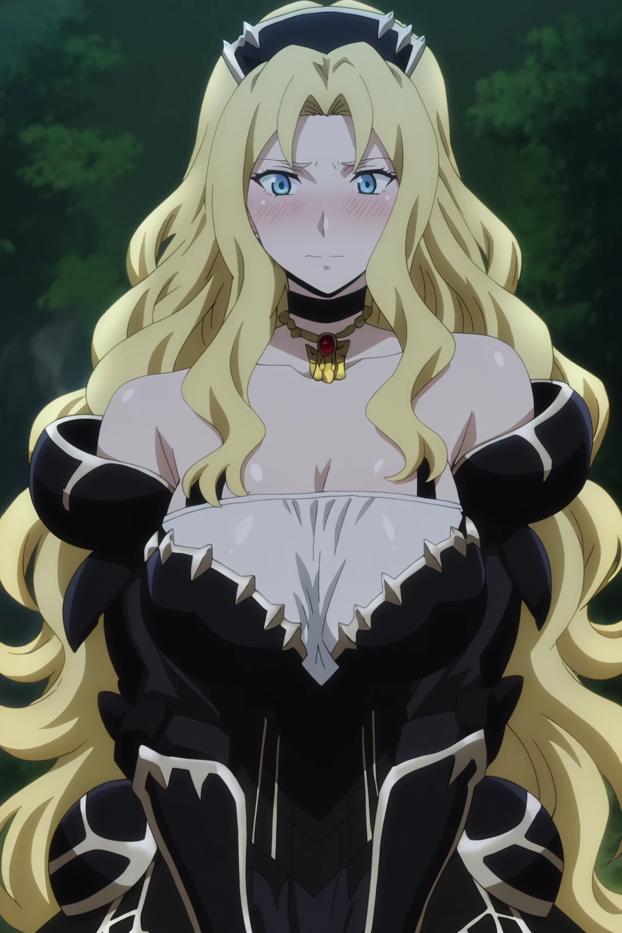 masterpiece, newest, absurdres, best quality, amazing quality, very aesthetic, ultra-detailed, highly detailed, newest, scenery, beautiful face, perfect eyes, detailed eyes, shiny skin, dynamic lighting, ((solo)),
<lora:Marrine_Kreische_Armor-10:1>Marrine_Kreische_Armor, 1girl, blue eyes, large breasts, blonde hair, cleavage, jewelry, very long hair, parted bangs, hair intakes, wavy hair, strapless dress, embarrassed, <lora:anime_screencap:1> anime screencap, anime coloring, 2d, anime style