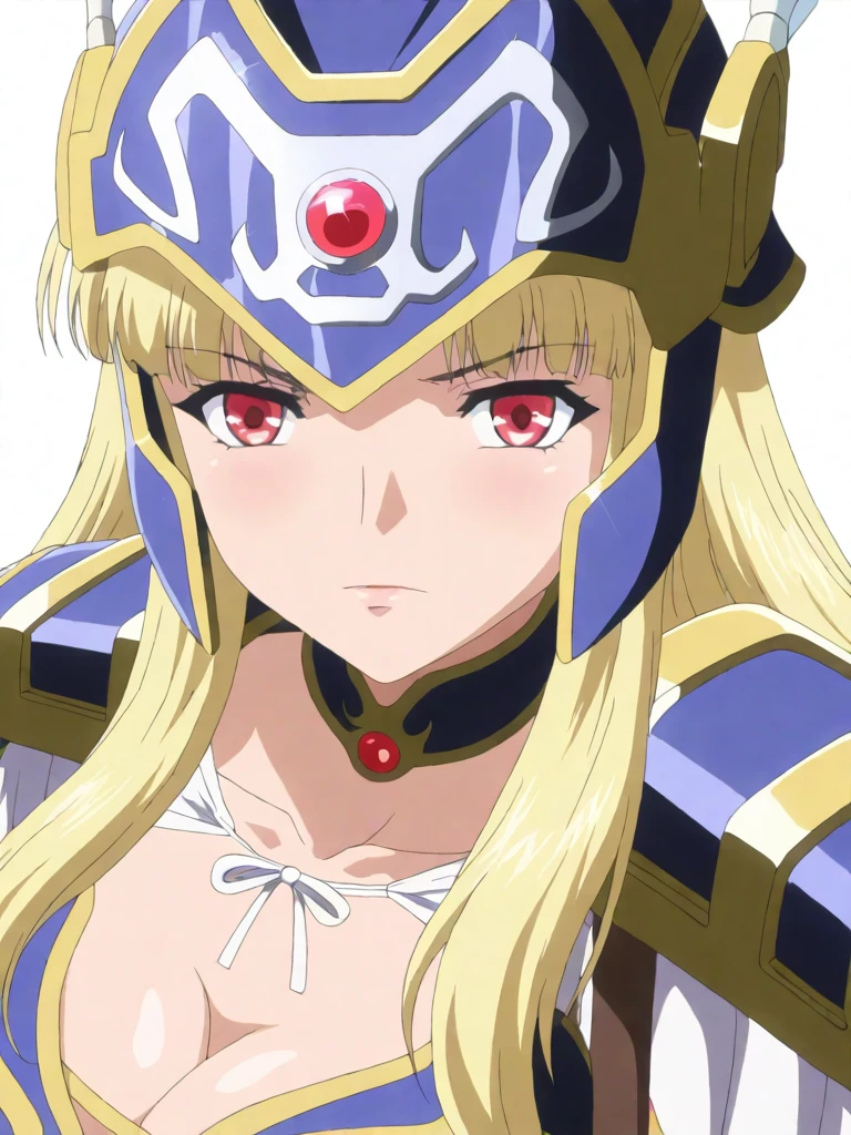 masterpiece,high score,great score,absurdres,solo,looking at viewer,portrait,white background,<lora:Valkyrie_ss hassakuill30:1> valkyriess, blonde hair, long hair, red eyes,helmet,armor,cleavage,