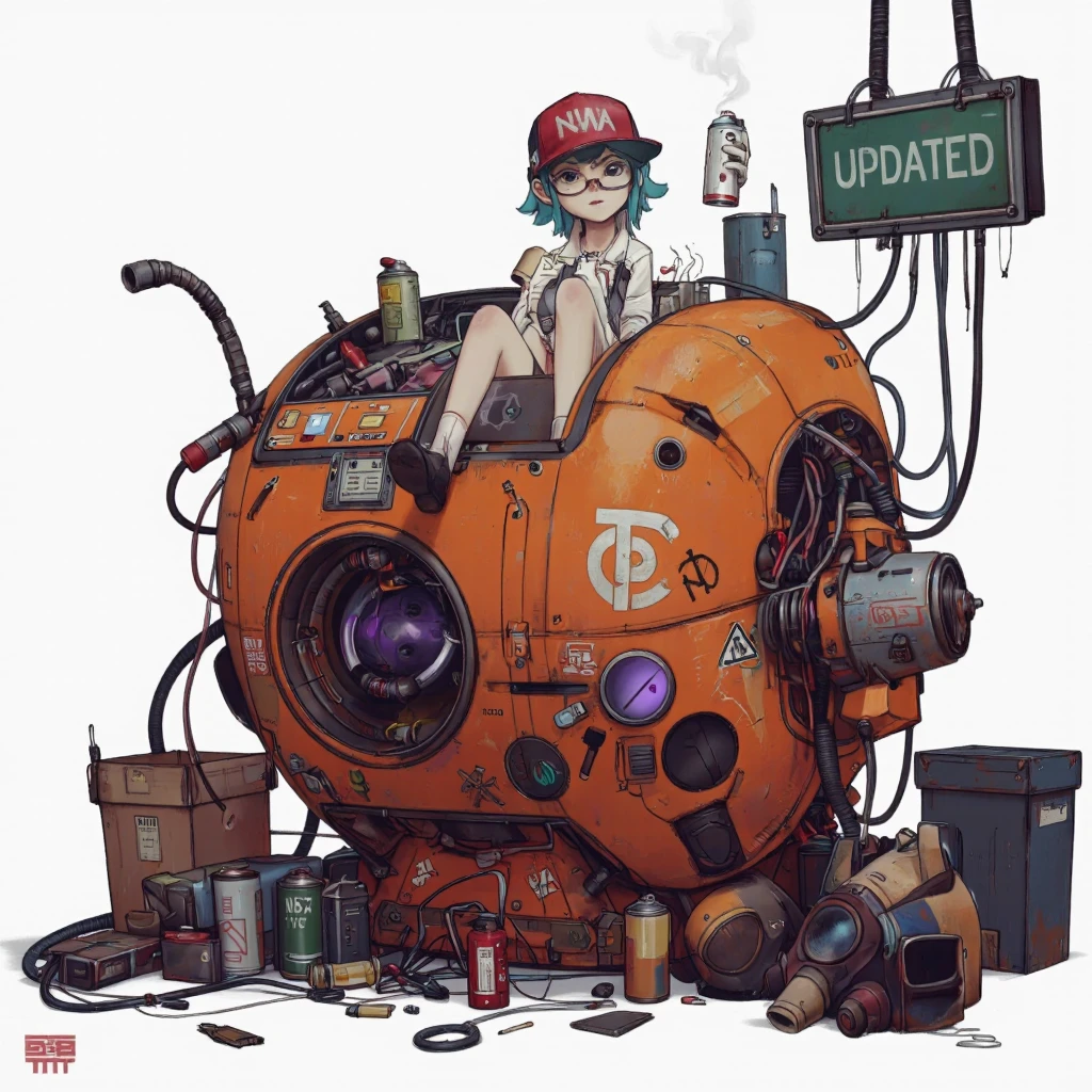 SerBira Style. A digital illustration, cartoon style shoot from a frontal camera angle about a stylized character sitting atop a large, orange robot-like structure surrounded by various objects and wires. the robot appears to be a woman with light skin and turquoise hair, wearing a red baseball cap with the letters "nwa" on it, and a pair of glasses. she is sitting in the middle of the image, with her upper body facing the viewer and her eyes looking directly at the viewer. her expression is neutral, and she is holding a spray can in her right hand. on top of the robot, there are various electronic components such as wires, cans, and boxes scattered around, including a green update sign that reads "updating". the robot itself is intricately detailed with various symbols and designs, giving it a unique and artistic look. the background is a stark white, providing a clean and crisp contrast to the vibrant orange color scheme.
1girl, solo, short hair, cap, holding, blue hair, white background, hat, glasses, white shirt, holding object, smoking, white gloves, bottle, black eyes, cigarette, tattoo, bottle opener, electronic devices, garbage can, gas mask, cigarette lighter, welding, welding torch, welding helmet, welding mask