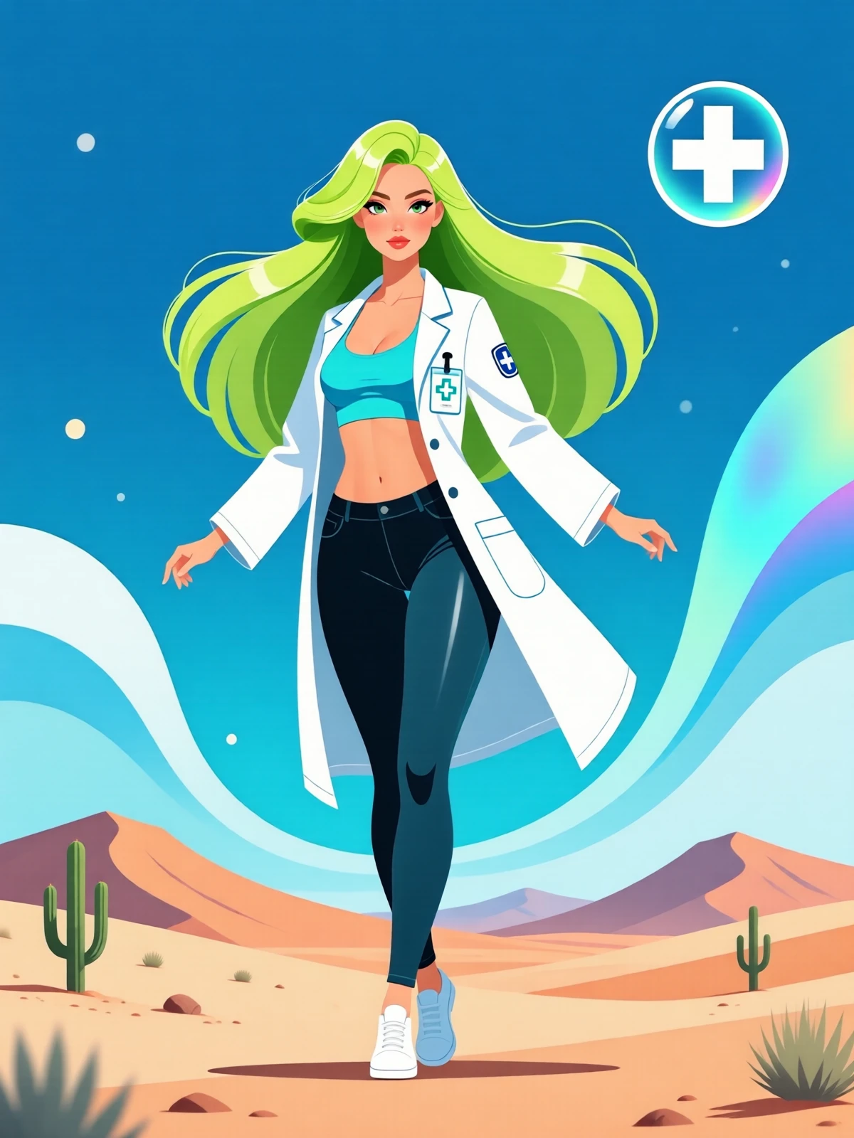 Minimalist flat vector art; flat colors; no lineart; simple shapes; soft, subtle gradients; A slim, toned, atheletic woman with long shimmering limegreen hair, wearing Pharmacy technician coat with name tag Pose: balancing background: periodic abstract image, Desertwave style color scheme: shiny azure and iridescent aliceblue <lora:QwenVectorPinup_v1:1.0> <lora:Qwen-Image-Lightning-4steps-V1.0-bf16:1.0>