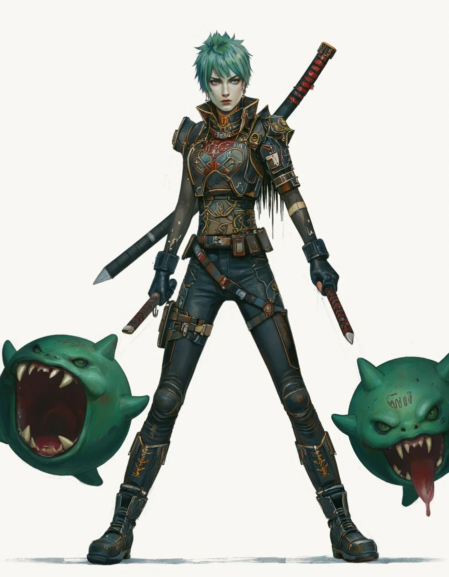 SerBira Style. A digital illustration shoot from a front camera angle about a character with green hair and a menacing expression stands confidently in the middle of the image, flanked by two small, round, green creatures with sharp fangs protruding from their mouths. the character appears to be a young woman with pale skin and short, spiky green hair, wearing a dark, futuristic-looking armor with intricate designs and patterns. she has a serious expression and is holding a katana in her right hand, while her left hand is gripping the handle of the katana tightly. she is standing with her full body visible, showcasing her slim body and muscular physique. her eyes are focused intently on something in the distance, and her face is partially obscured by her short hair. the background is a plain white, which contrasts with the character's dark armor and vibrant colors.
solo, looking at viewer, short hair, simple background, white background, holding, standing, full body, blue hair, weapons, boots, sword, holding weapon, pants, sword holder, holding sword, katana, facial hair, monster, monster girl, green eyes, double katana