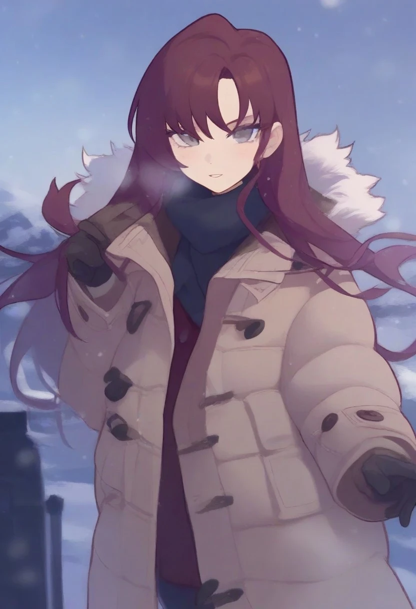 snwdctl, 1girl, grey eyes, burgundy hair, winter coat, trenchcoat, fur trim, winter